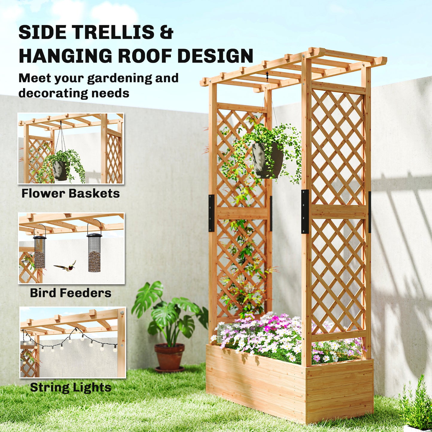 Outsunny Fir Wood Planter and Trellis Garden Bed 110 by 44 cm with 85 by 39 cm Growing Bed for Plants Flowers and Fruits