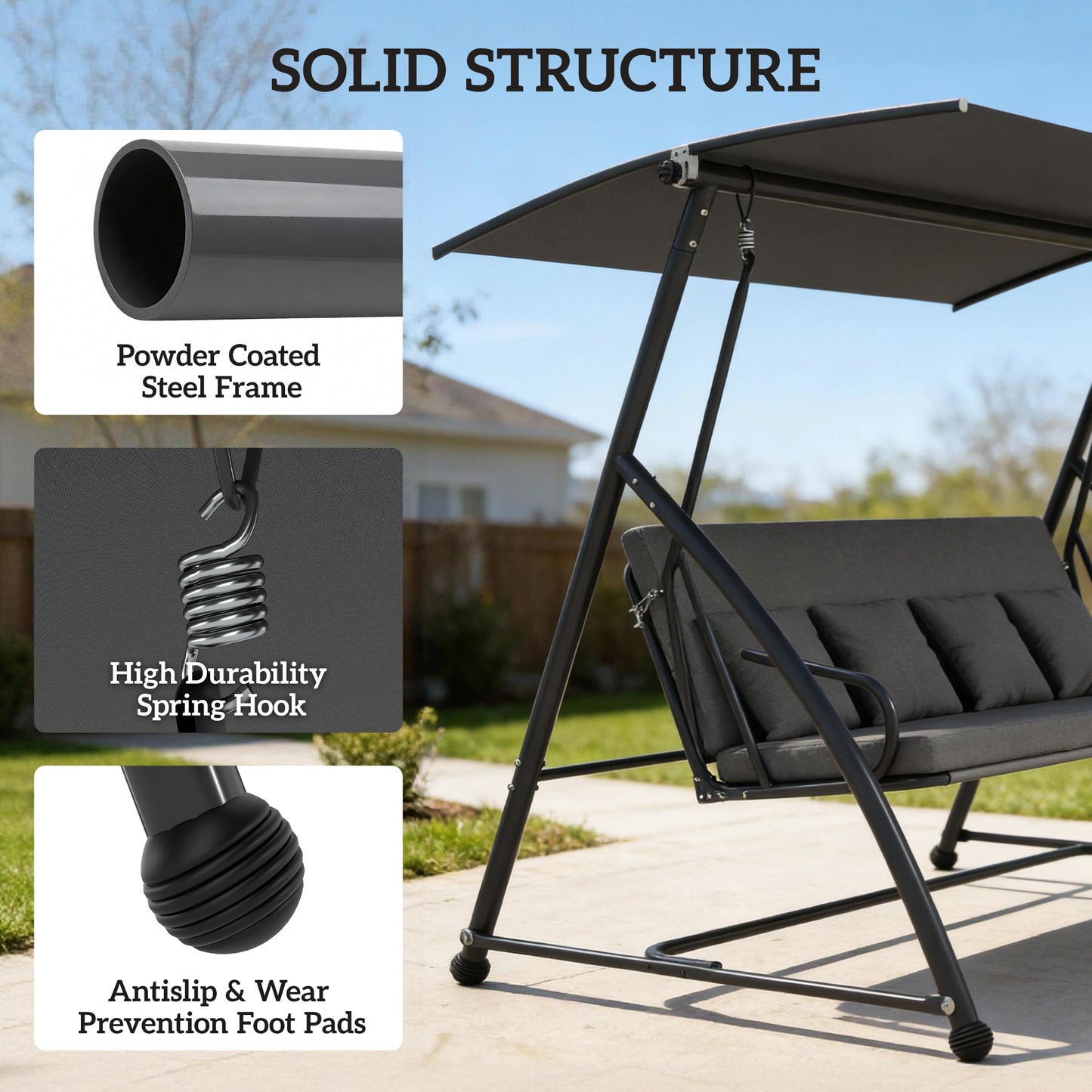 Outsunny Outdoor 2 In 1 Swing Chair Lounger 3 Seater Garden Swing Bed Convertible With Canopy Cushion Dark Grey