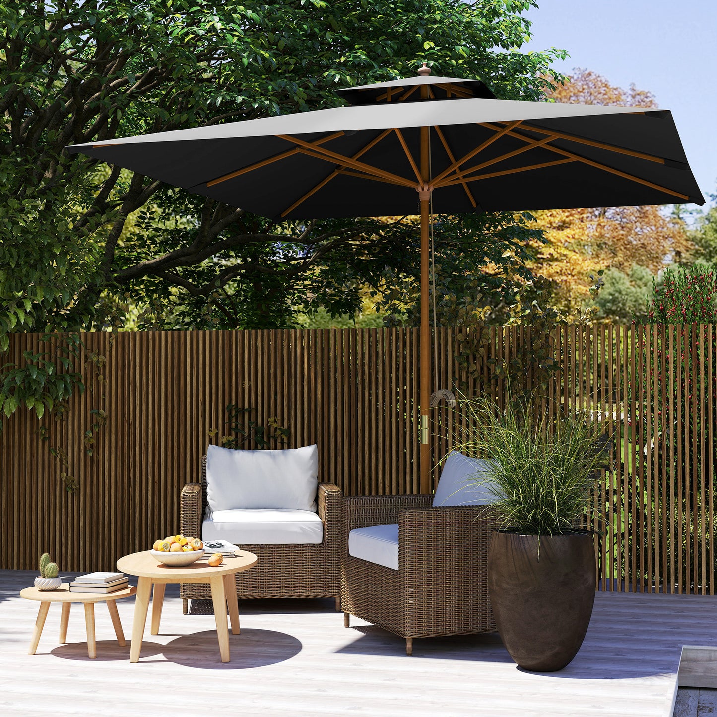Outsunny 3 m Square Canopy Parasol With Bamboo And Poplar Wood Frame For Outdoor Shade Black