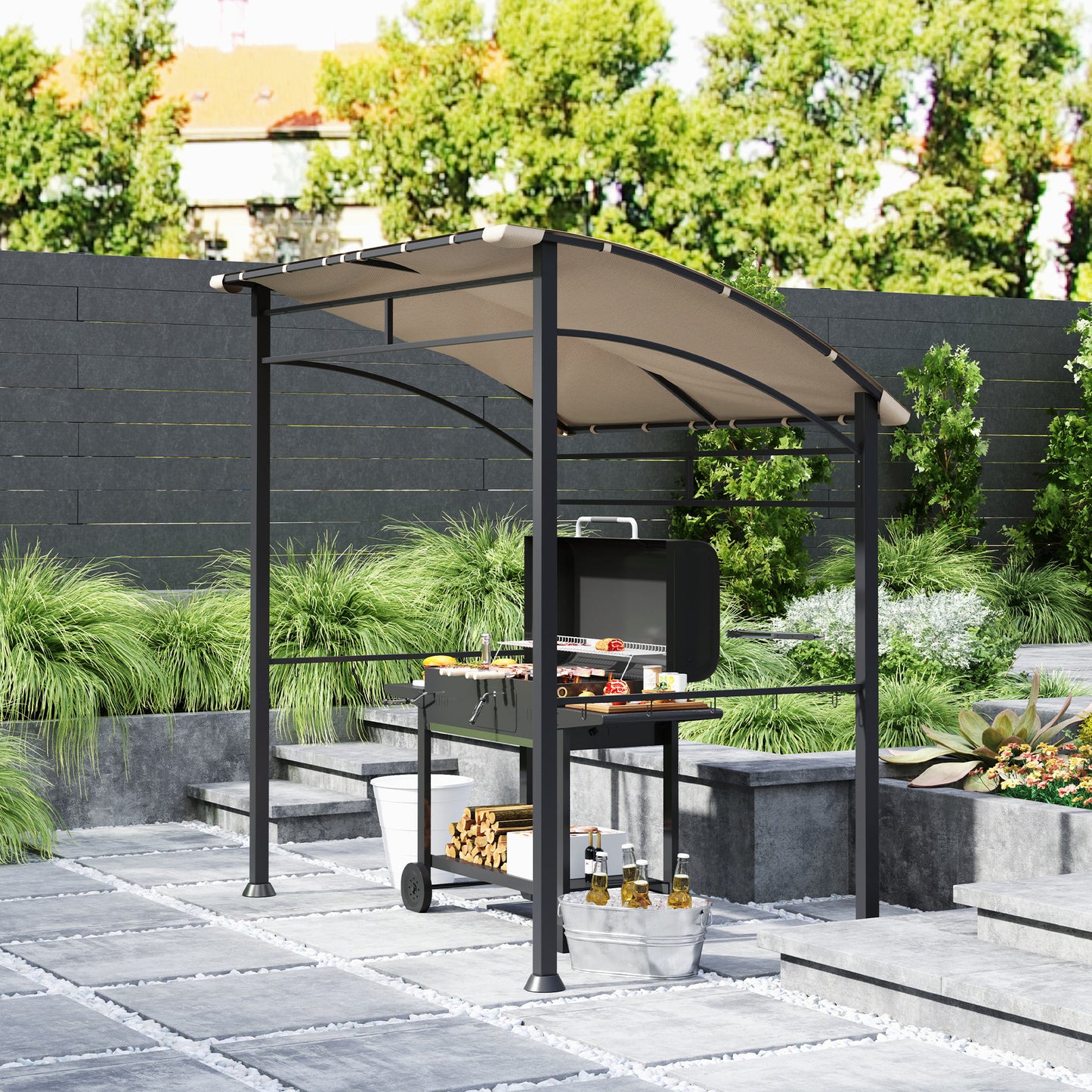 Outsunny 2.2m X 1.5m BBQ Gazebo Tent With Metal Frame Curved Canopy And 10 Hooks Outdoor Shade Khaki