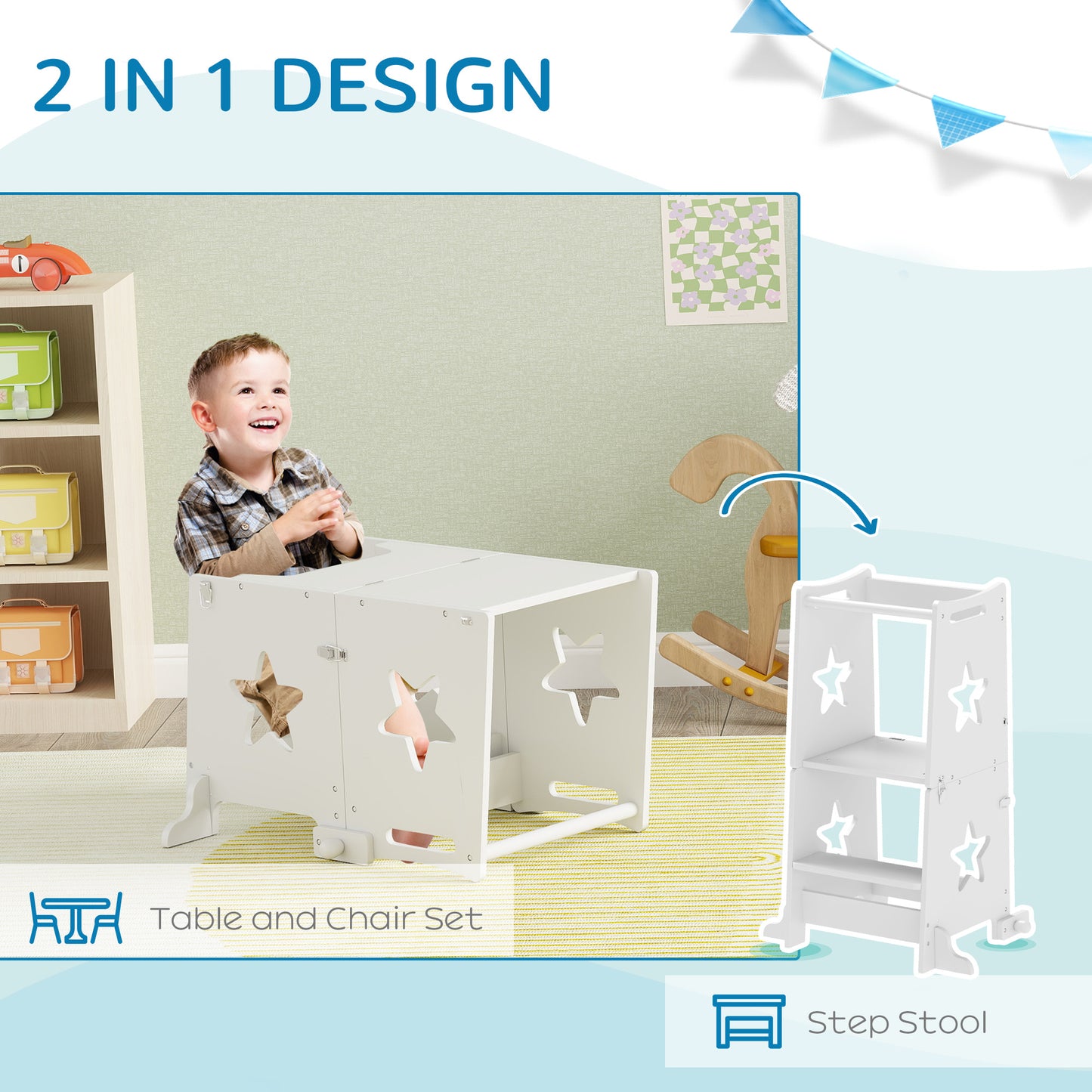 AIYAPLAY 2 In 1 Toddler Step Stool With Safety Rail For Kitchen And Bathroom White