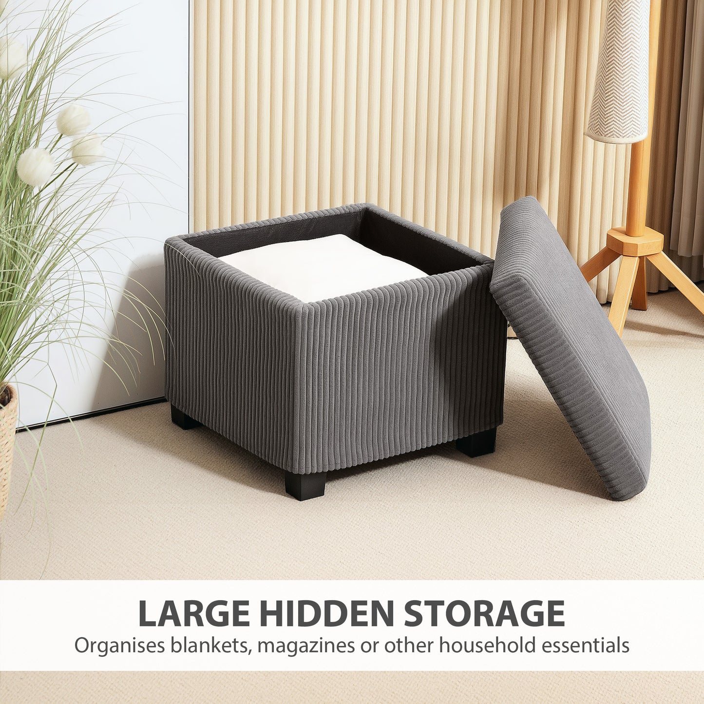HOMCOM Corduroy Storage Ottoman Bench With Wooden Legs 40cm Bed End Bench 30L Storage Grey For Living Room Entryway