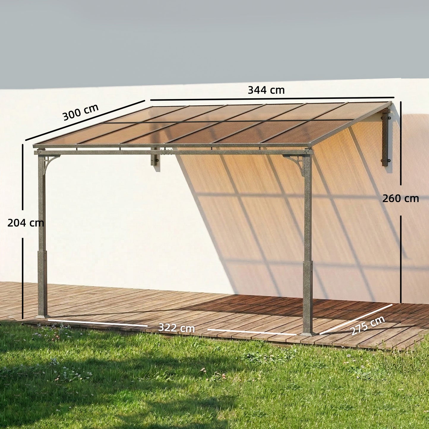 Outsunny 3.4 x 3 m Wall Mounted Metal Lean To Pergola With Polycarbonate Roof Aluminium Frame Brown Garden Patio