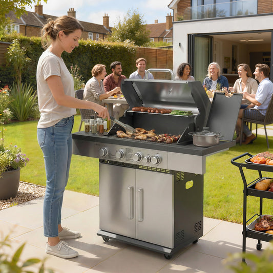 Outsunny 5 Burner Gas BBQ Grill Portable With Side Burner Warming Rack Side Shelf And Storage Cabinet
