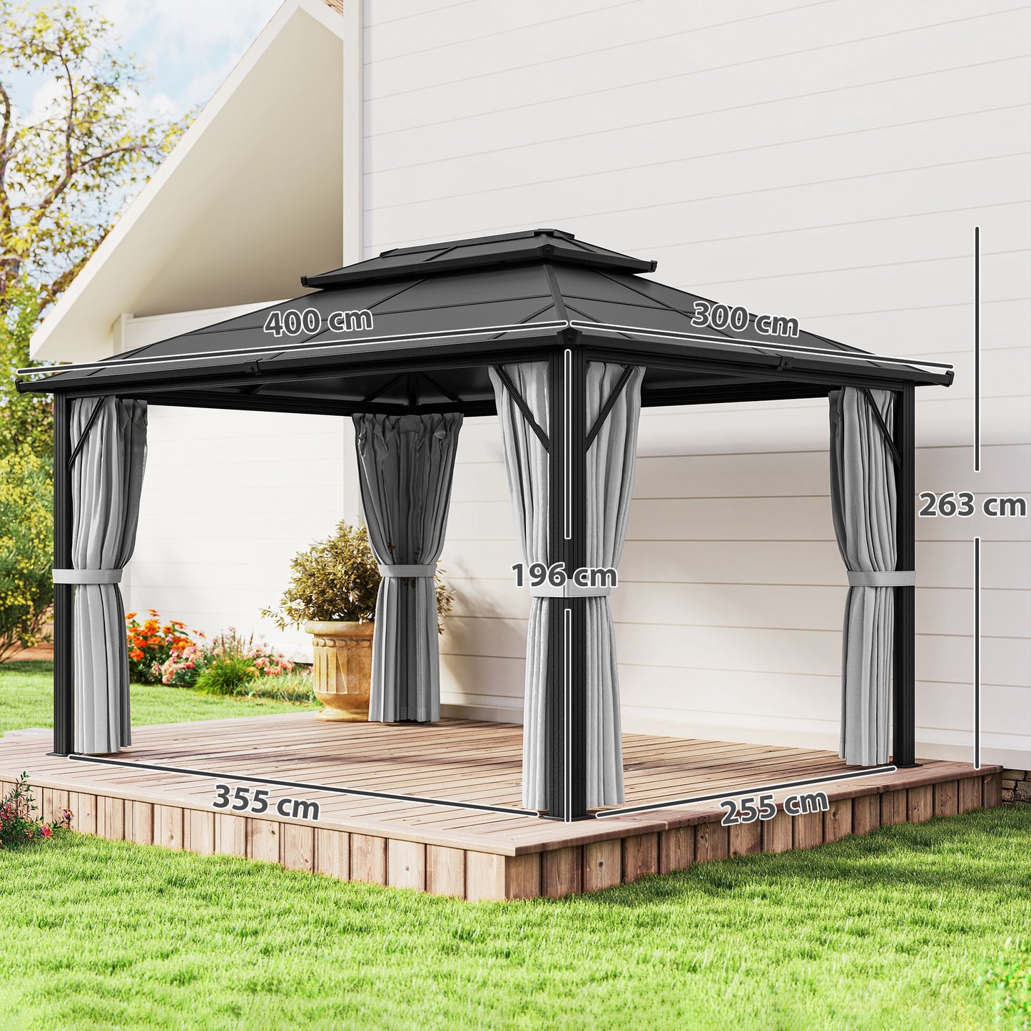 Outsunny 3x4m Hardtop Gazebo UPF30 Double Polycarbonate Roof Aluminum Frame Mosquito Netting Curtains Grey