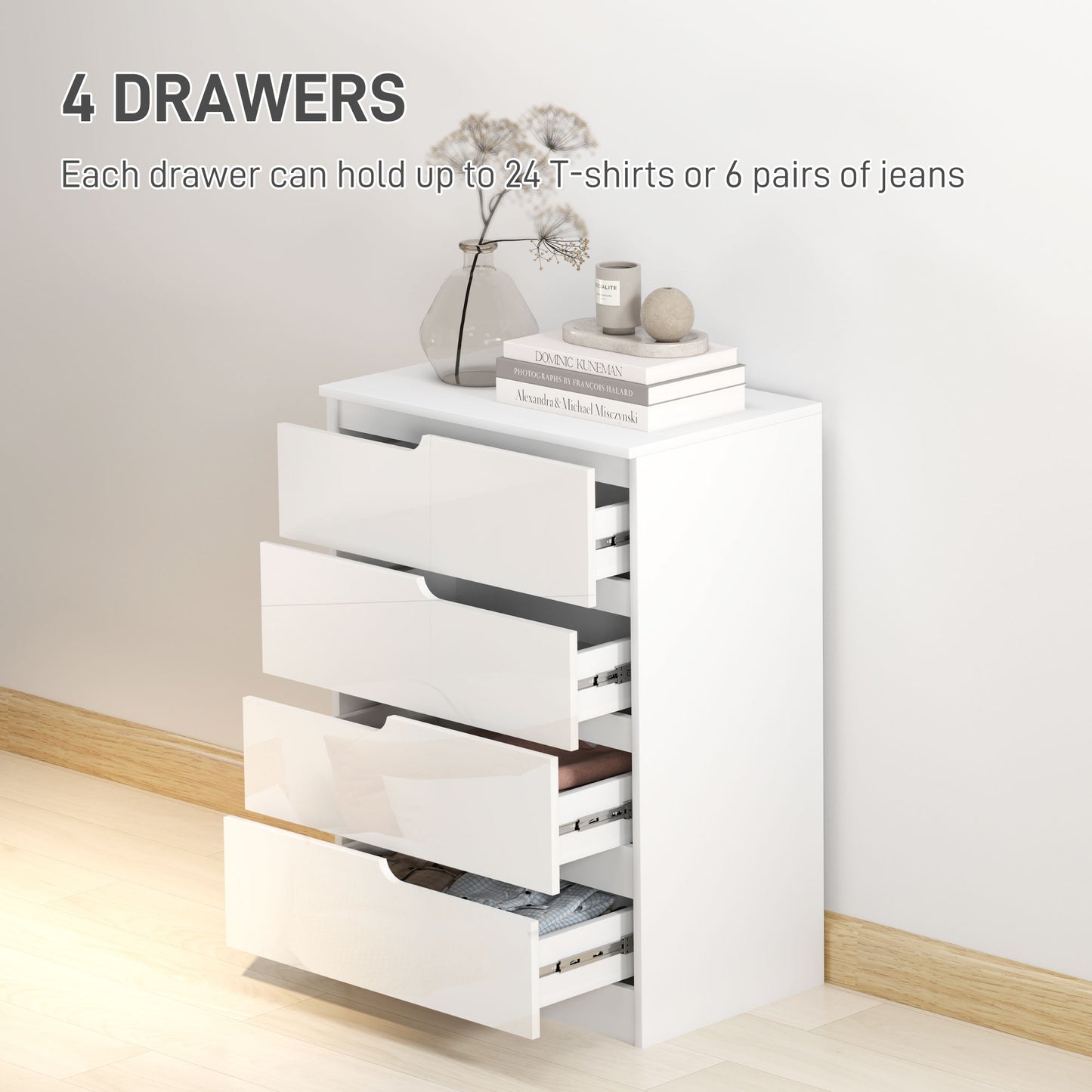 HOMCOM Four Drawer Chest With High Gloss Fronts White Modern Bedroom Storage Unit