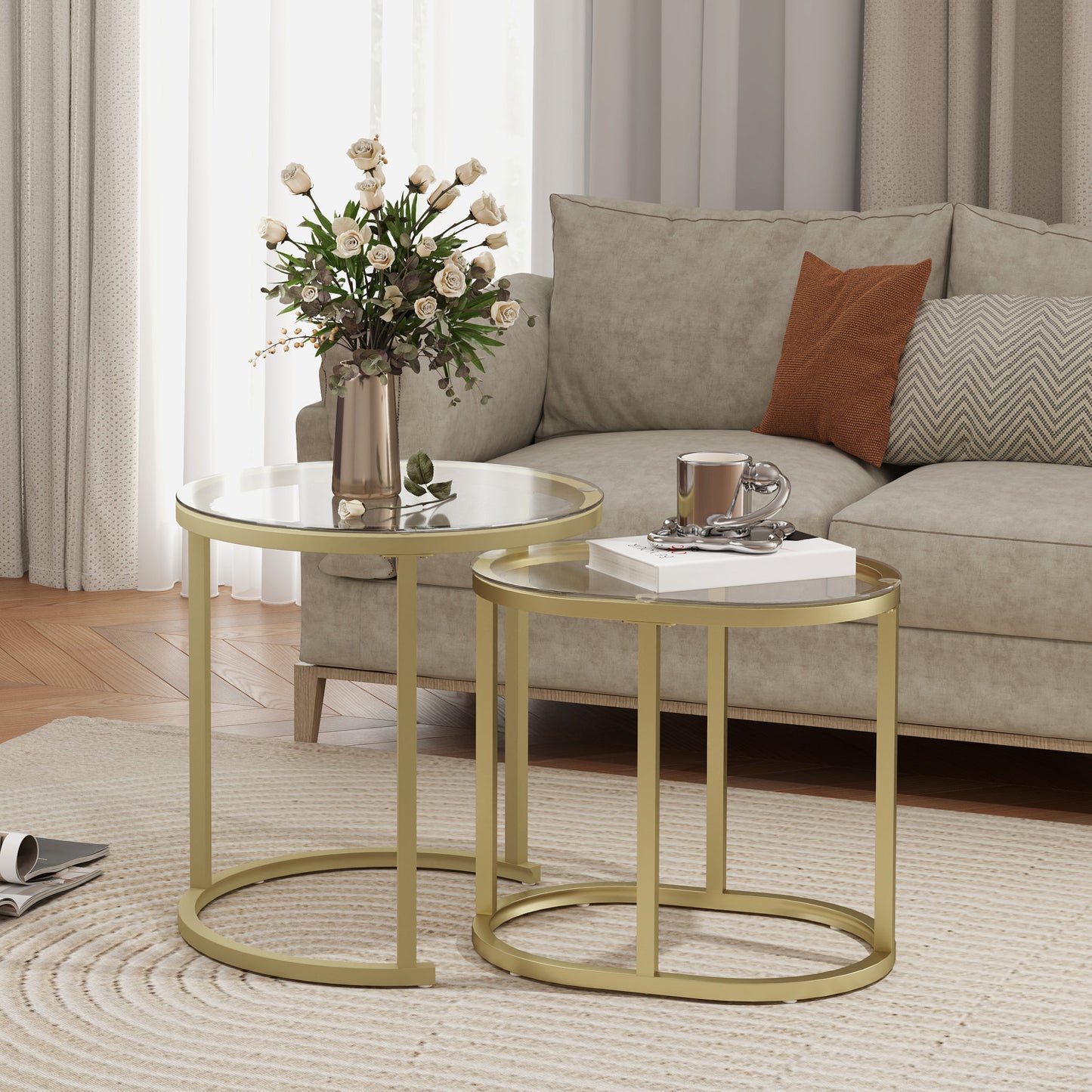HOMCOM Modern Coffee Tables Set Of 2 Nesting Tables With Steel Frame And Tempered Clear Glass Tops For Living Room