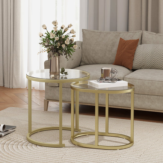 HOMCOM Modern Coffee Tables Set Of 2 Nesting Tables With Steel Frame And Tempered Clear Glass Tops For Living Room