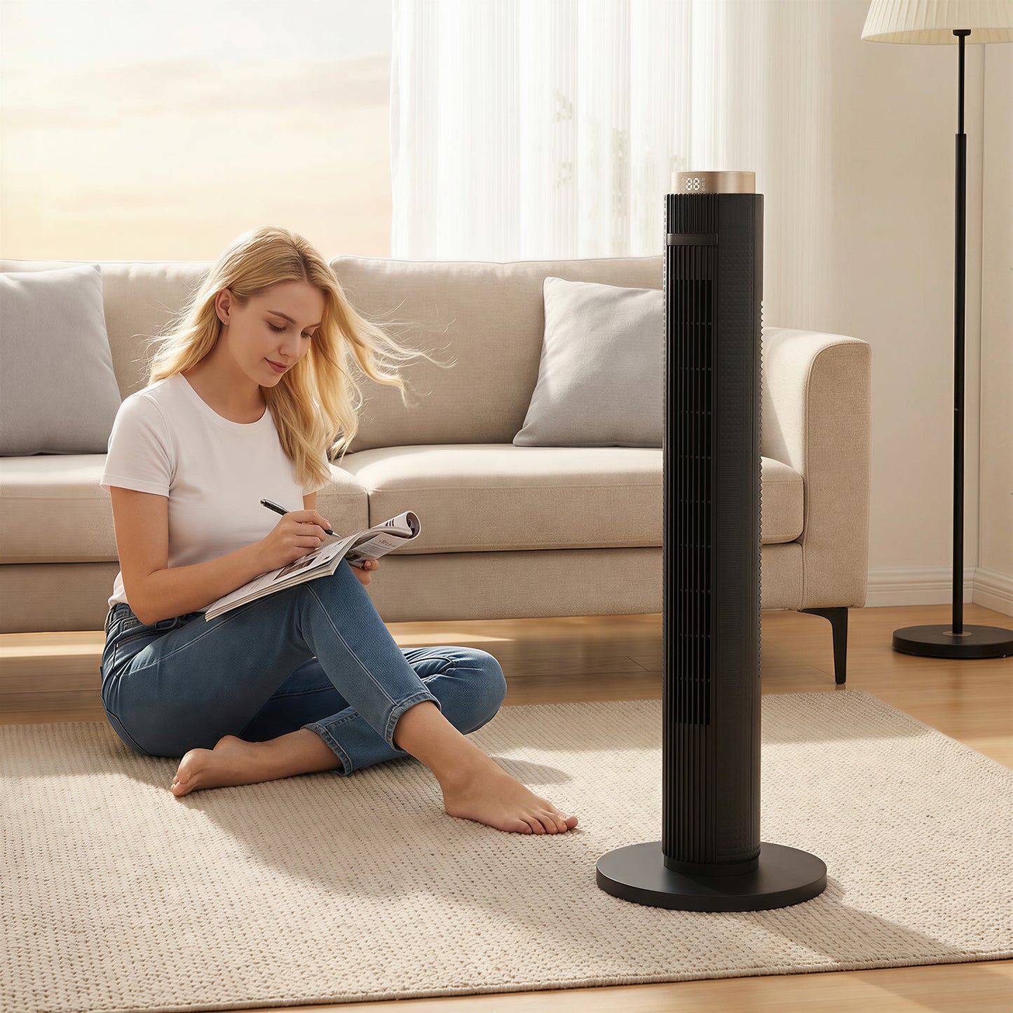 HOMCOM Tower Fan With WiFi App Control Standing Floor Fan 3 Speeds 4 Modes 12 Hour Timer Night Light Black