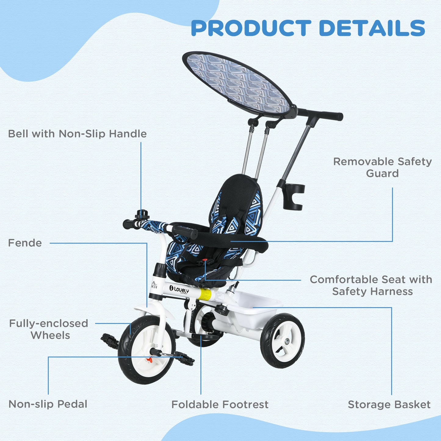 HOMCOM Qaba 4-in-1 Kids Tricycle with Safety Harness and Removable Canopy, Blue - ALL4U RETAILER LTD