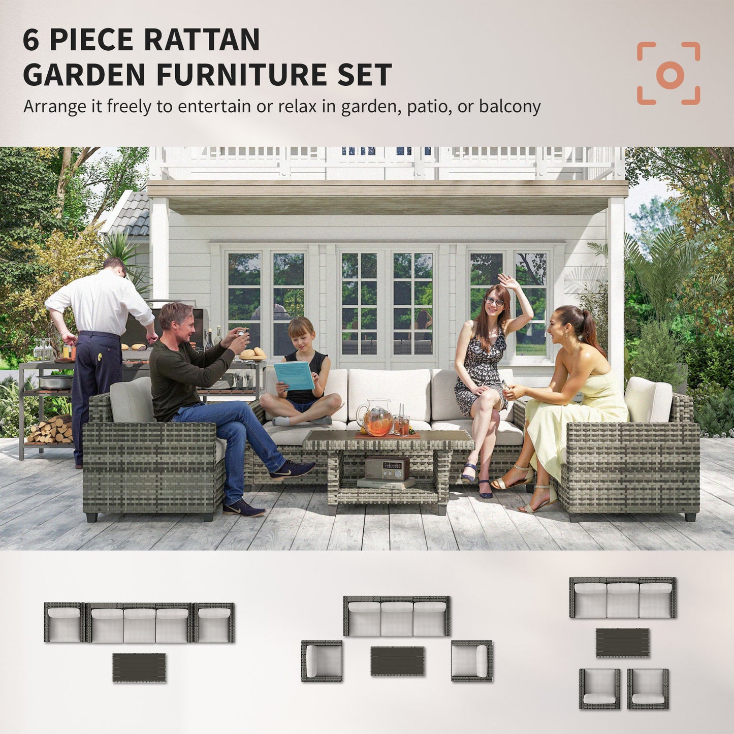 Outsunny Six Piece Modular Rattan Sofa Set With Coffee Table In Light Grey For Outdoor Patio