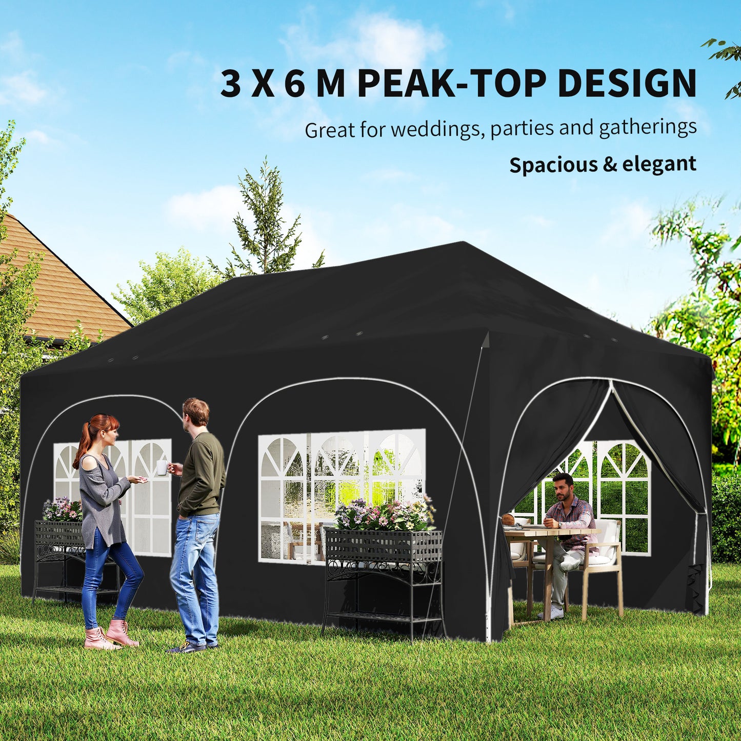 Outsunny 3x6m Pop Up Gazebo With Sides Peak Top Garden Party Tent Marquee Includes 6 Sandbags Carry Bag Black