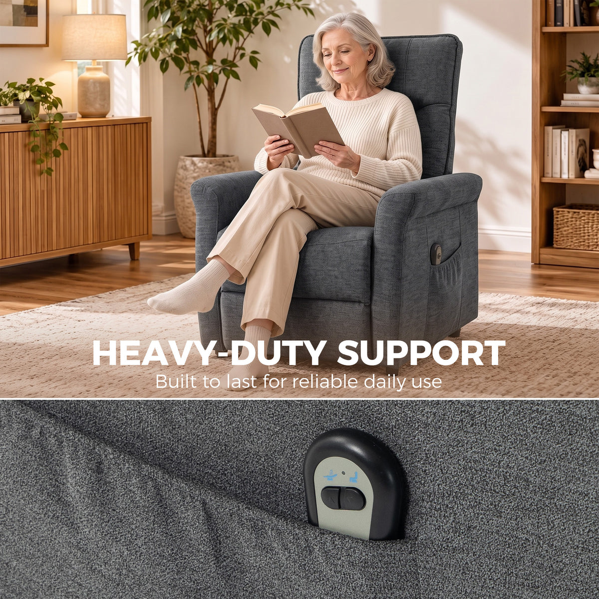 Dark grey chenille electric power lift recliner chair with side pocket and remote control