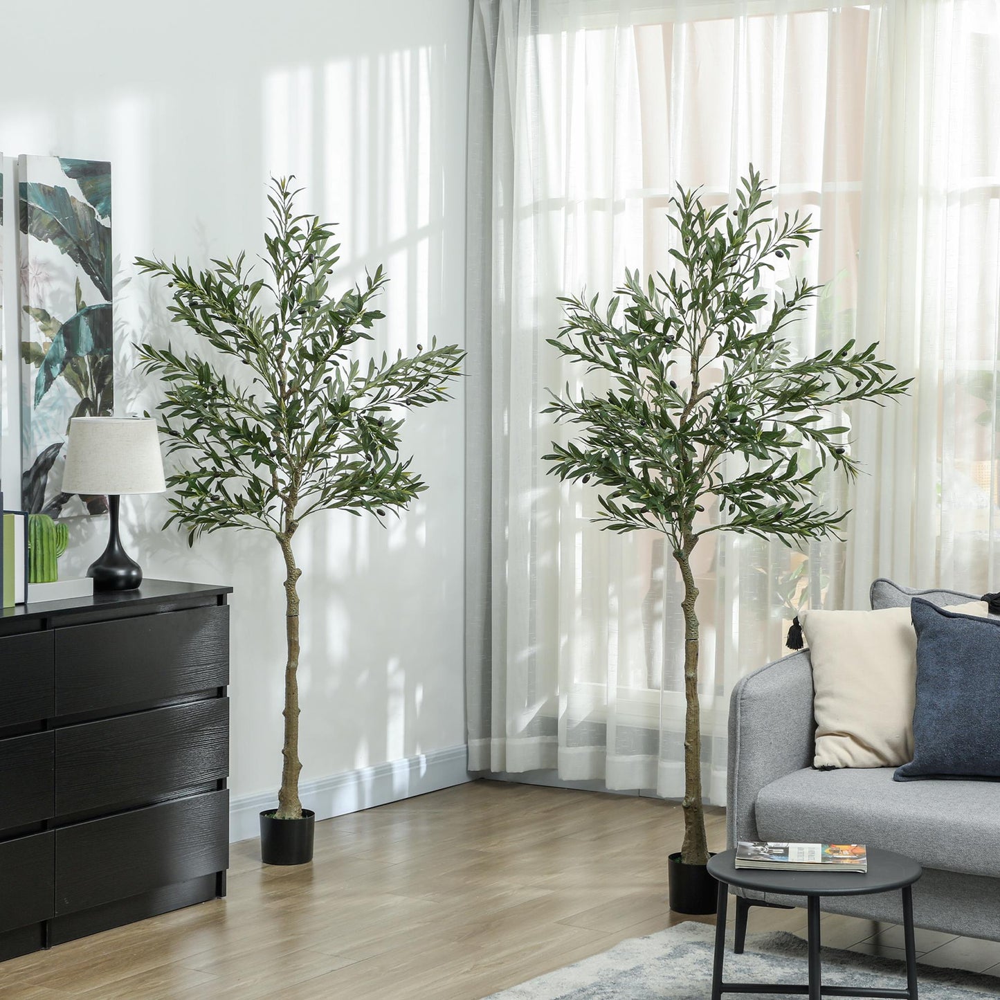 HOMCOM Set Of Two Silk Leaf Artificial Olive Trees With Cement Pots For Realistic Home Decor