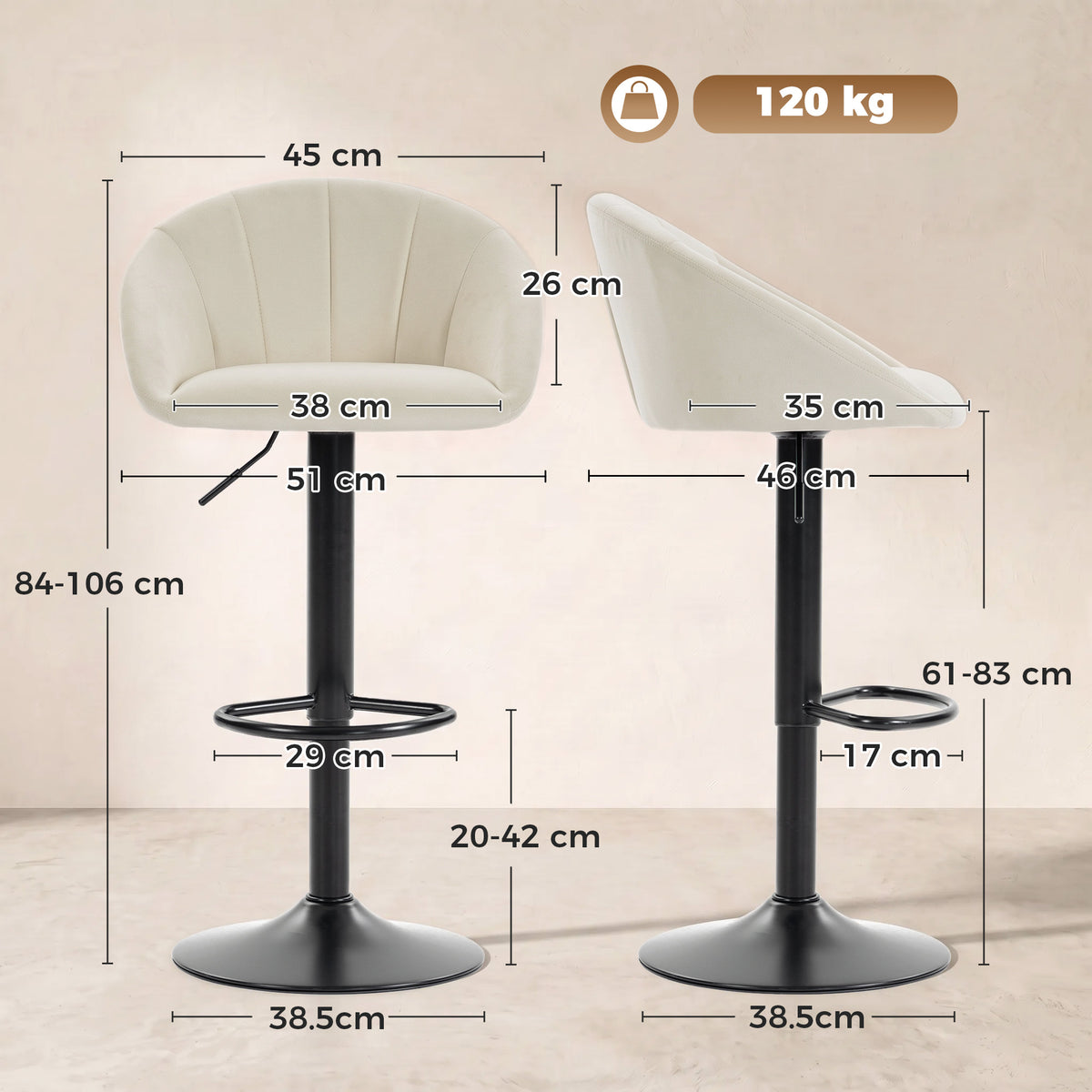 Cream upholstered bar stool set diagram with padded back, black pedestal base, and footrest