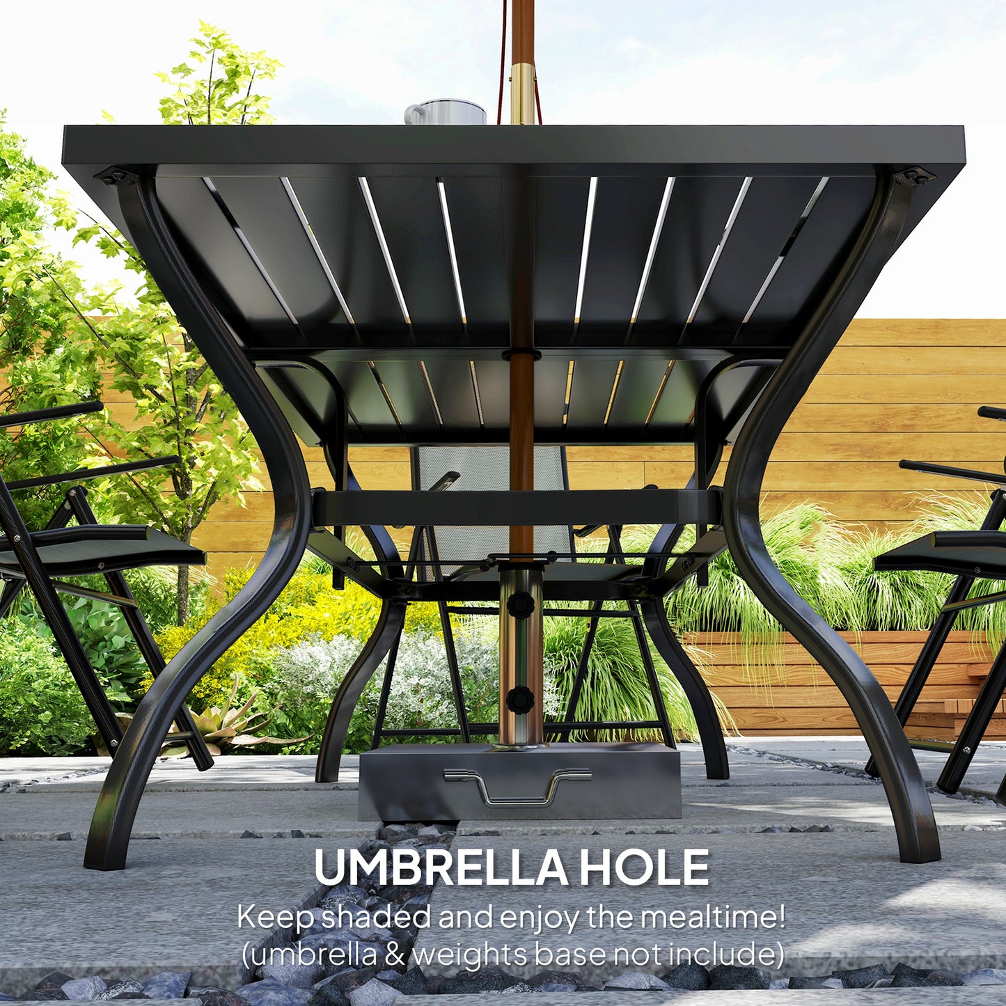 Outsunny Seven Piece Steel Outdoor Dining Set With Parasol Hole Grey Table And Six Folding Chairs
