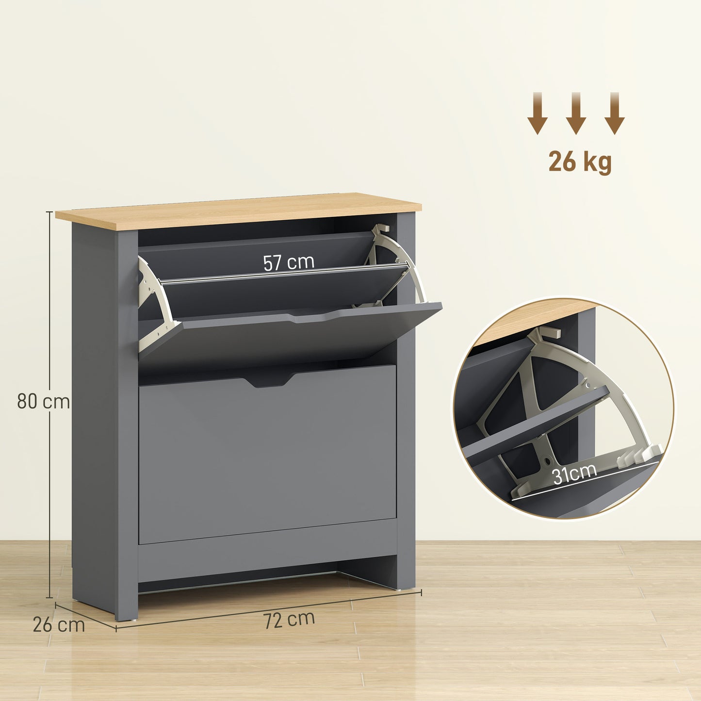HOMCOM Slim Shoe Cabinet Narrow Cupboard With 2 Flip Drawers And Adjustable Shelves For 12 Pairs Of Shoes Charcoal Grey