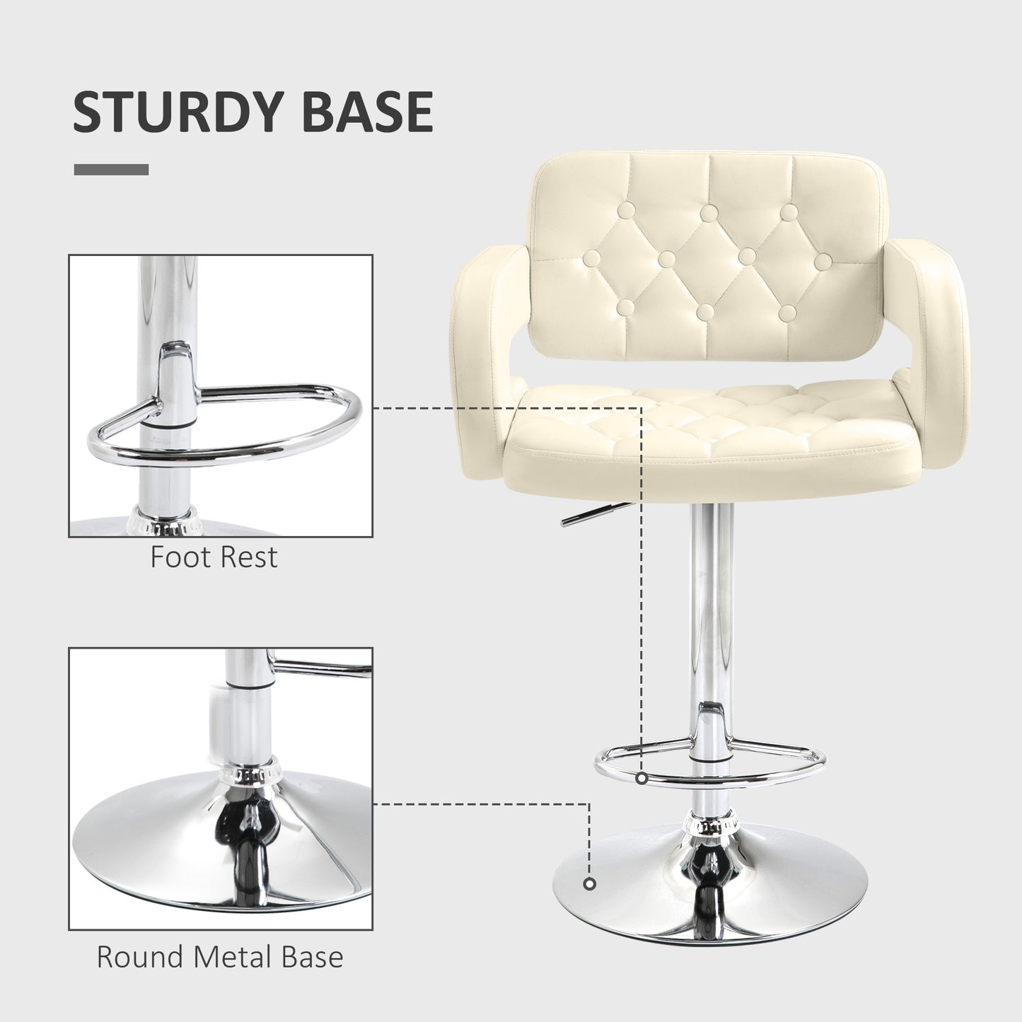 Upholstered Swivel Bar Stool Set of 2 Height Adjustable Back Armrest Footrest Chrome Base PU Upholstery White