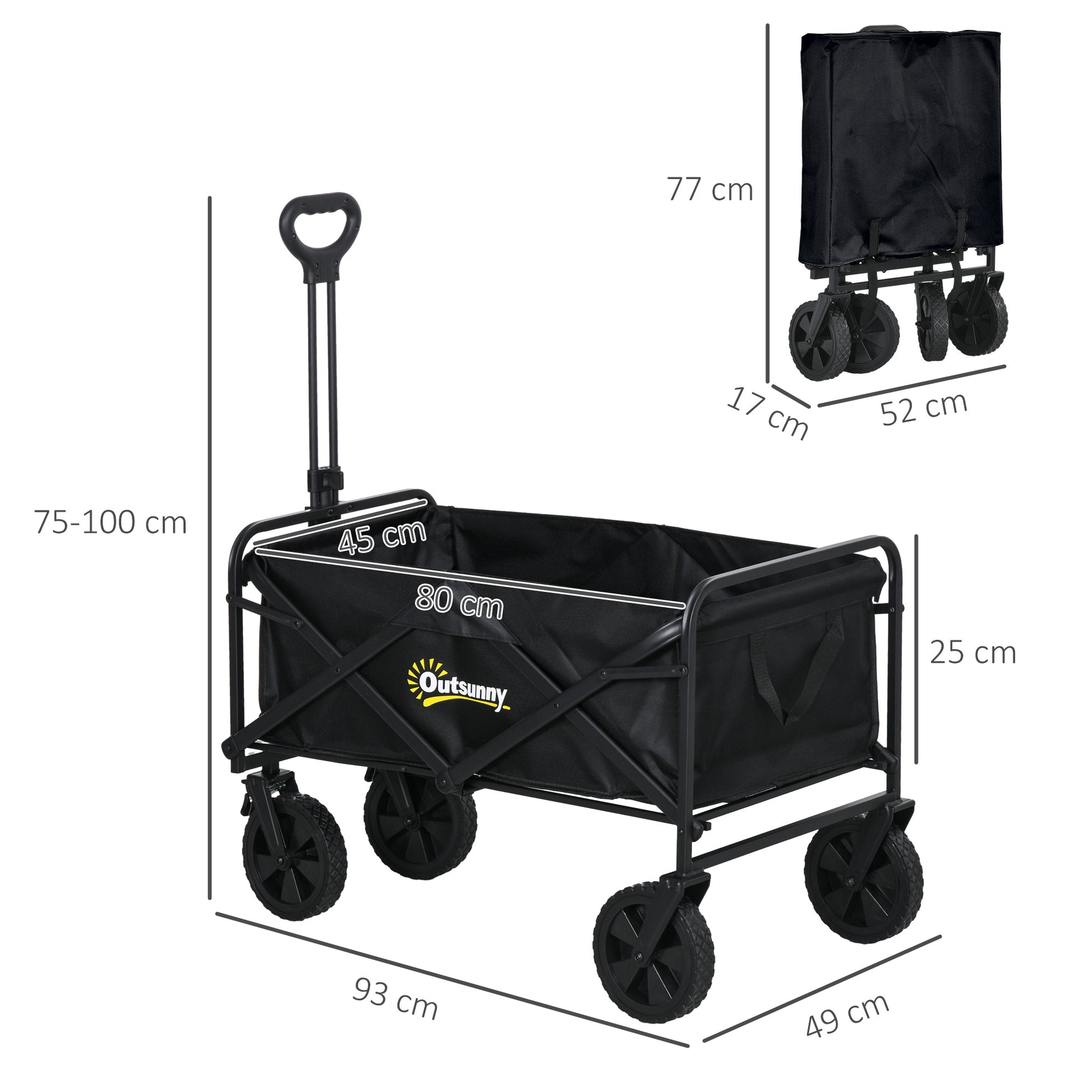 Outsunny Versatile Folding Utility Cart with Telescopic Handle - Heavy-Duty Pull Along Trolley in Black - ALL4U RETAILER LTD