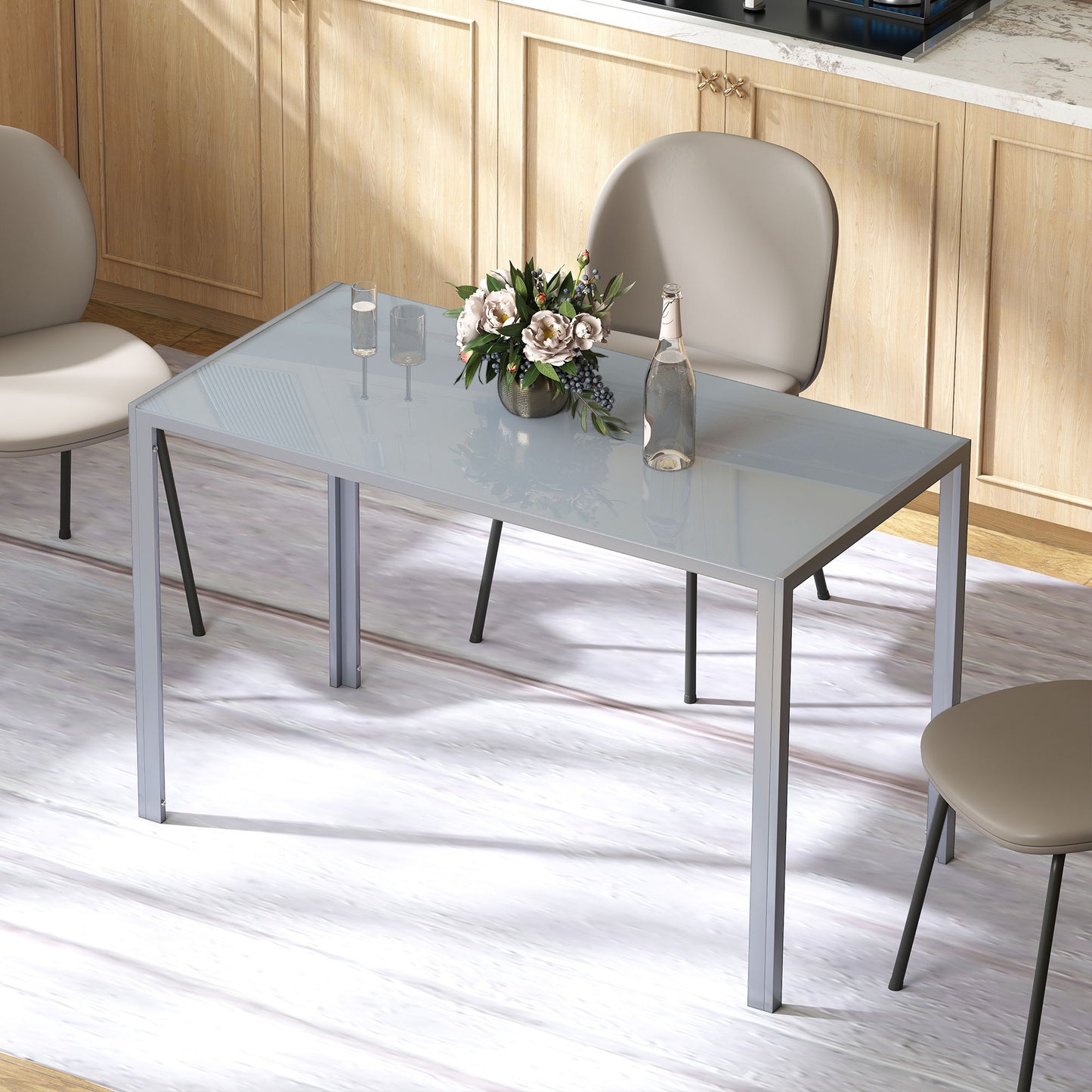 HOMCOM 120cm Dining Table Rectangle 4 Seater Kitchen Table With Tempered Glass Top And Metal Legs Grey