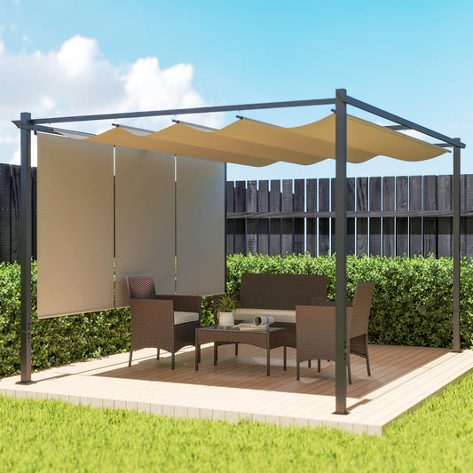 Outsunny 3x4m Metal Pergola With Retractable Roof And Roller Shade Free Standing Outdoor Gazebo Kit UPF30 Plus Beige