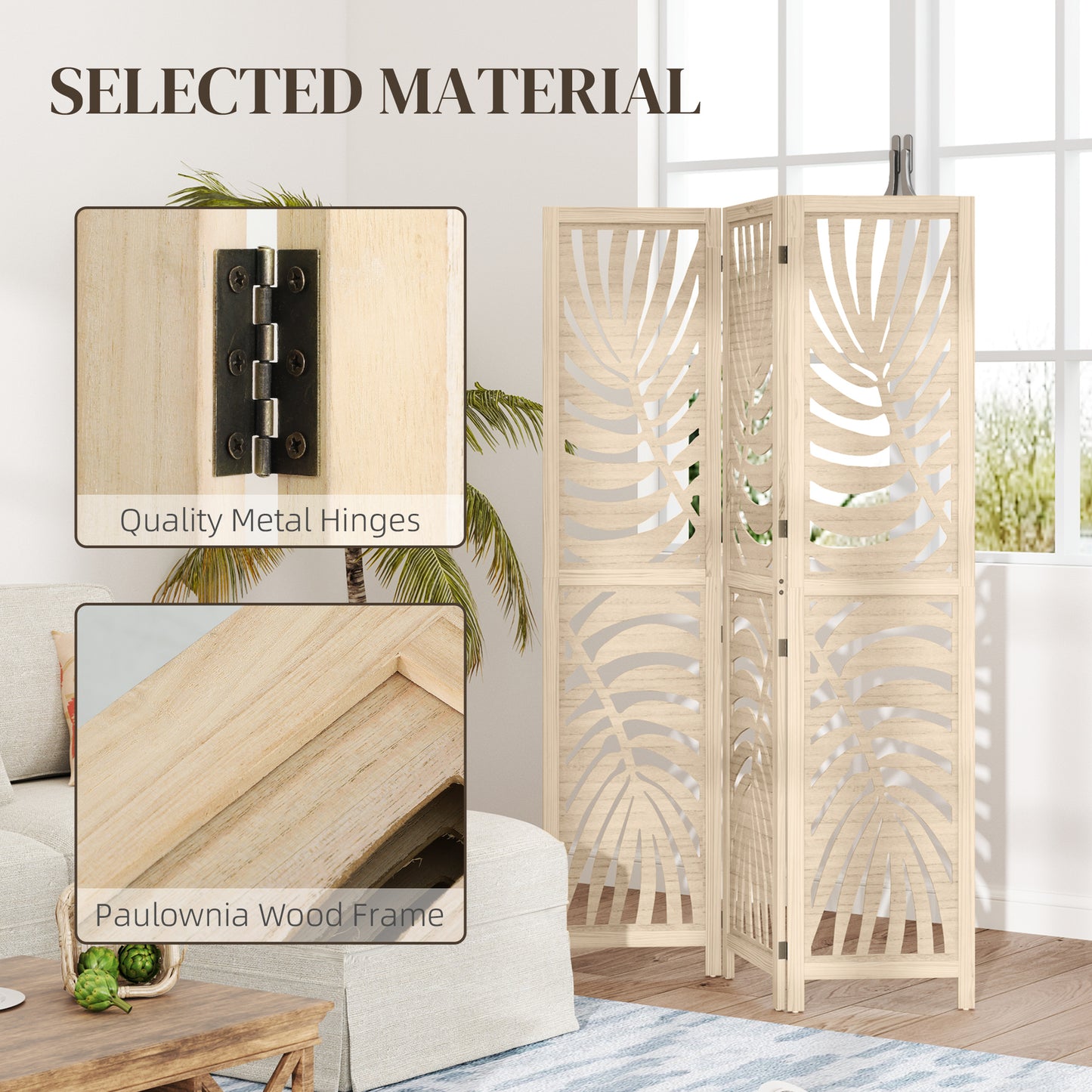 HOMCOM 3 Panel Room Divider With Palm Leaf Design Detachable Folding Privacy Screen Wood Finish For Home Office