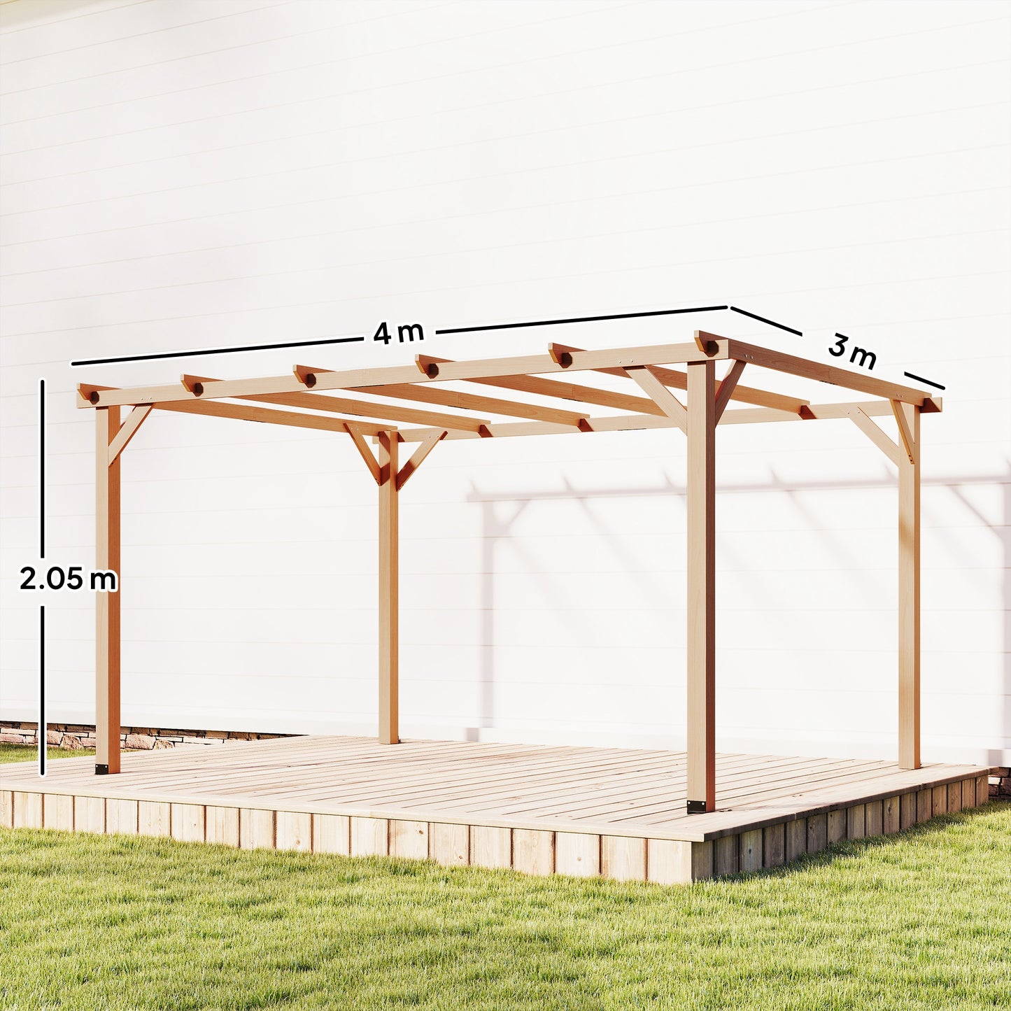 Outsunny 4x3 Meter Wooden Pergola Kit for Garden Gazebo Grape Trellis with Triangle Supports 6 Beams Maple Wood Effect