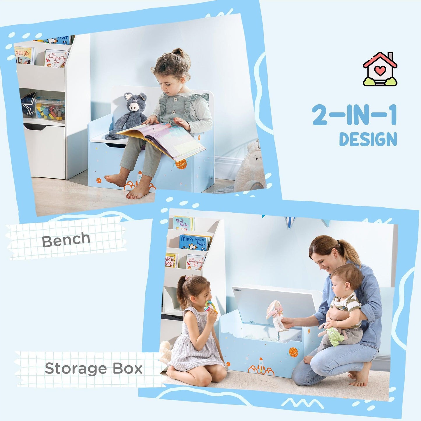 ZONEKIZ Wooden Toy Box with Safety Rod, Rocket Pattern - ALL4U RETAILER LTD