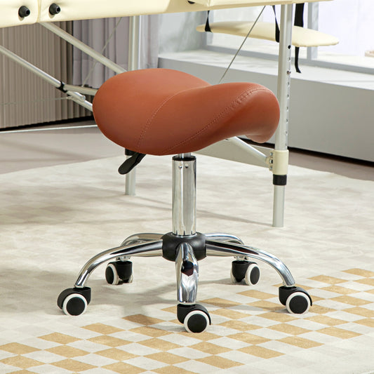 HOMCOM Adjustable Height Saddle Stool for Salon and Spa - Brown Faux Leather - ALL4U RETAILER LTD