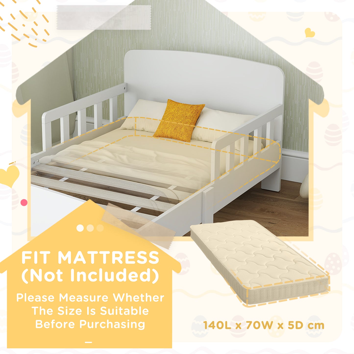AIYAPLAY Toddler Bed for Kids with Safety Rails White Finish Low Profile Bed Frame Ages 3 to 8