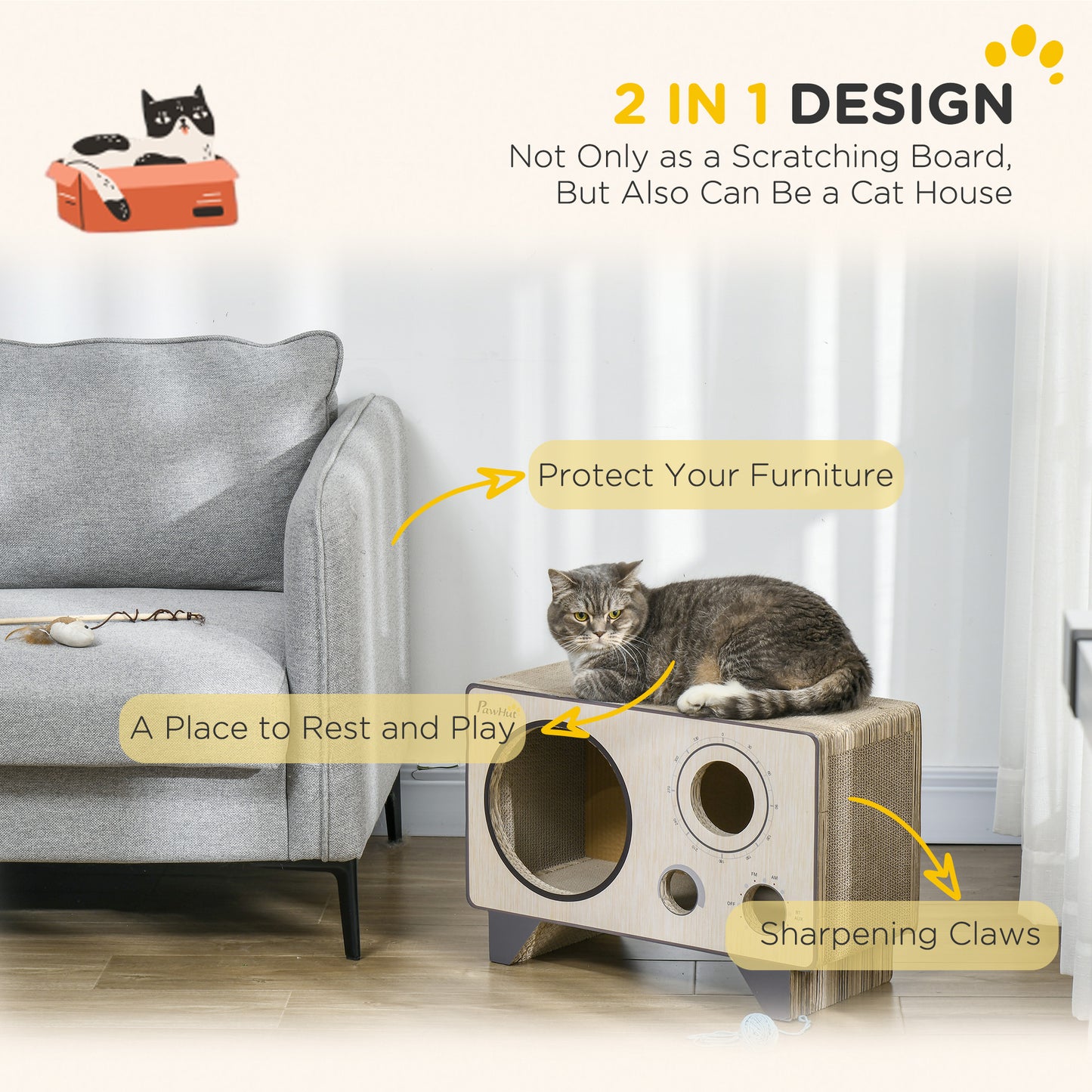 PawHut Vintage Radio Shaped Cat Scratcher & Cozy House with Catnip - 2 in 1, Natural Wood Finish - ALL4U RETAILER LTD