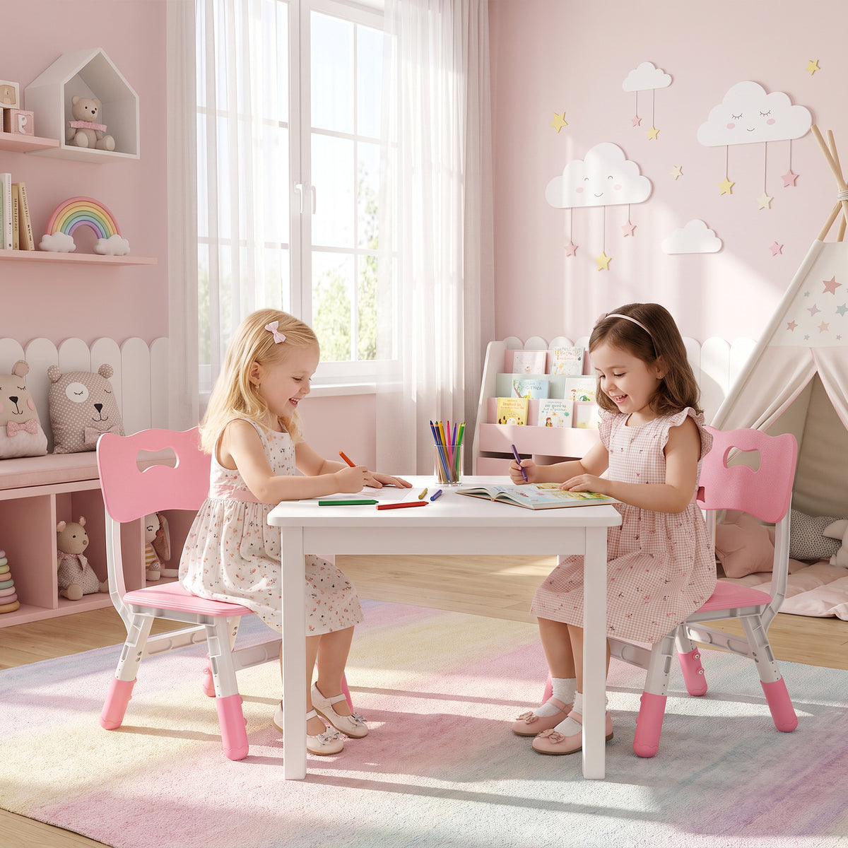 Two pink kids chairs with backrests and height-adjustable seats on white frames.