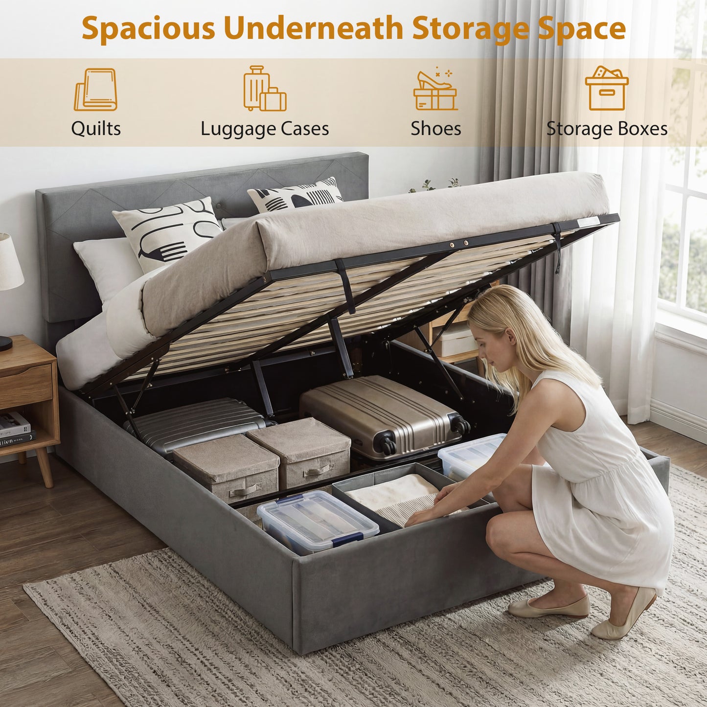 HOMCOM King Size Bed Frame With Gas Lift Under Bed Storage And Upholstered Tufted Headboard For 150 x 200 cm Mattress
