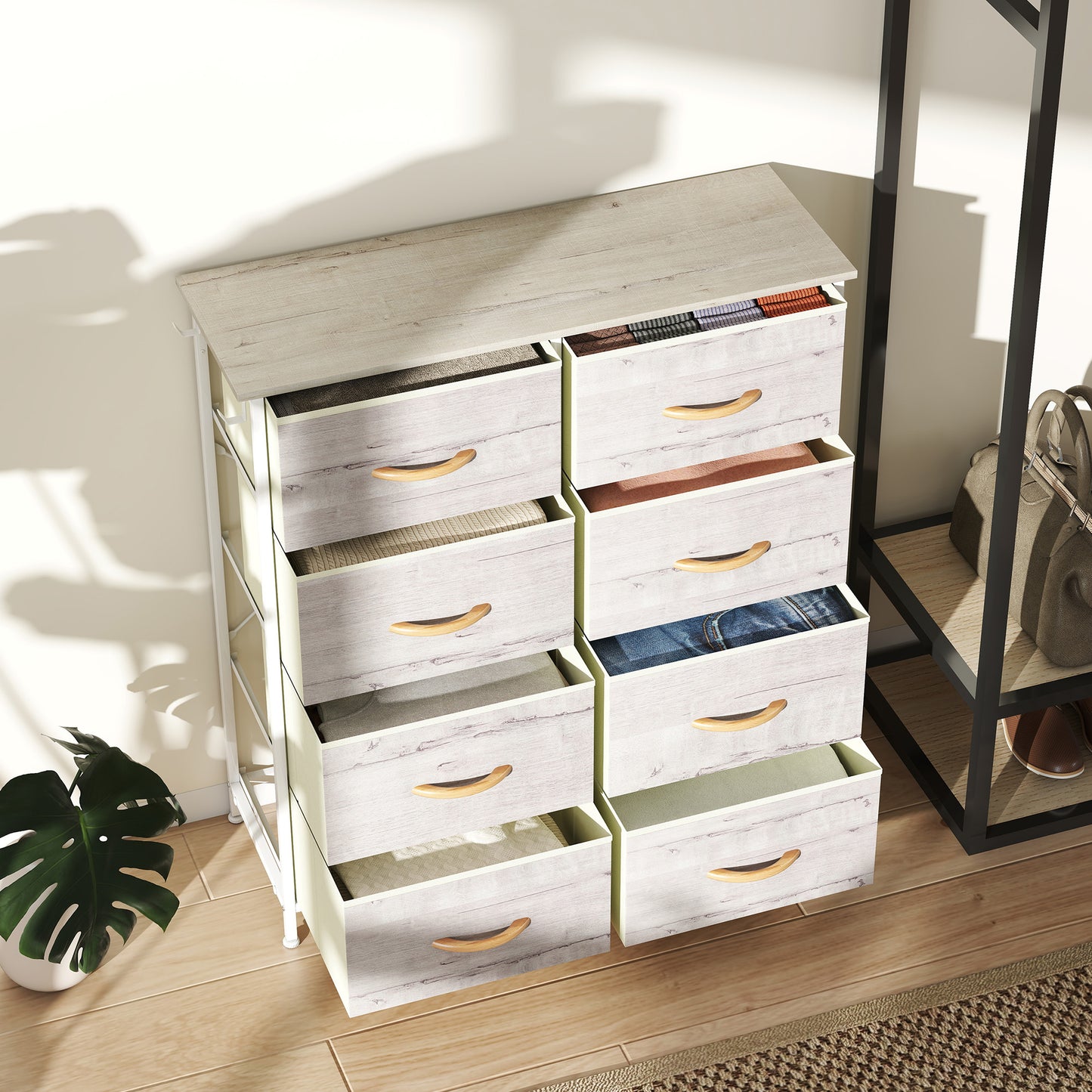 HOMCOM Chest Of Eight Fabric Drawers With Natural Wood Finish And Steel Frame Storage Organizer