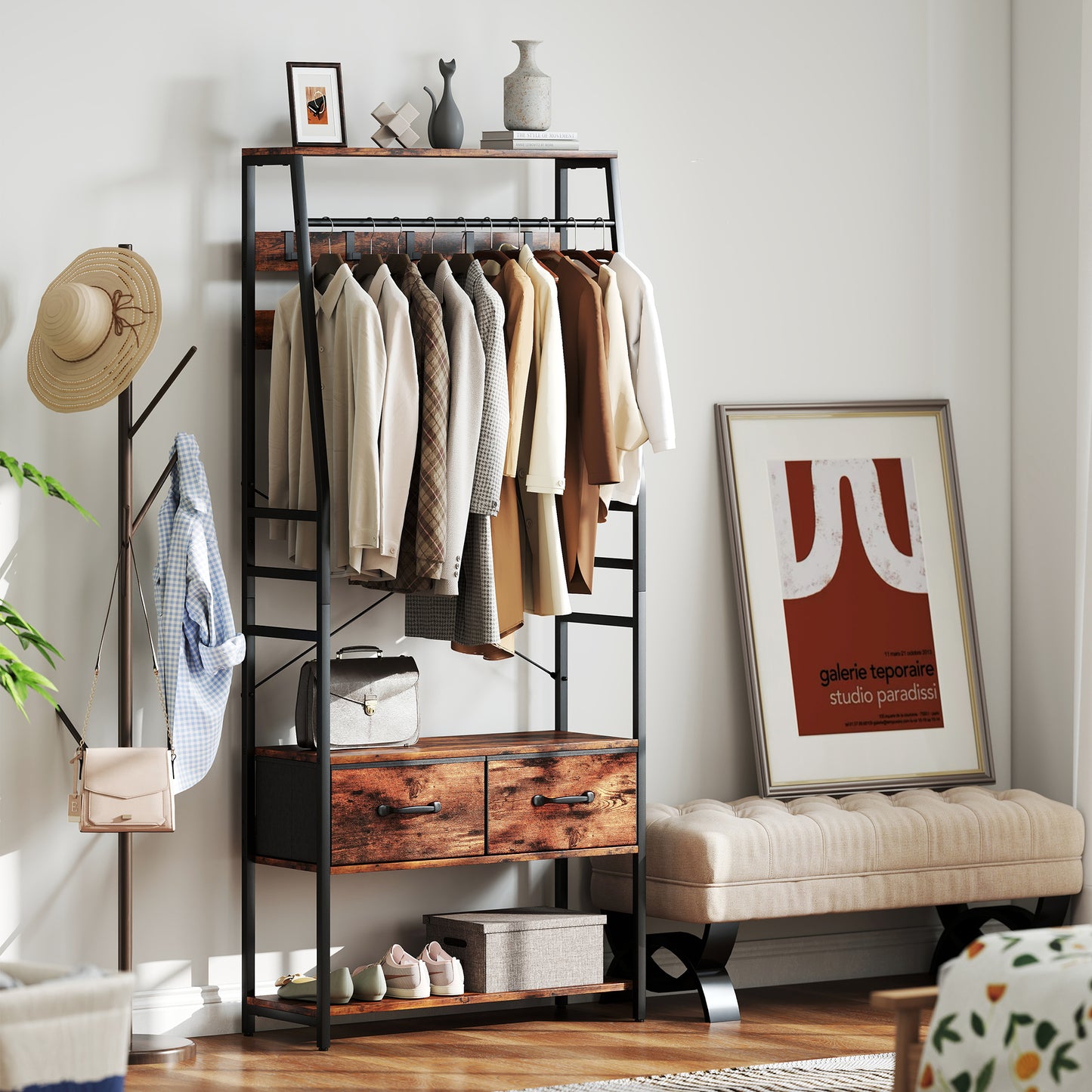 HOMCOM 6 In 1 Industrial Style Hallway Organizer With Coat Rack And Shoe Storage Brown Black