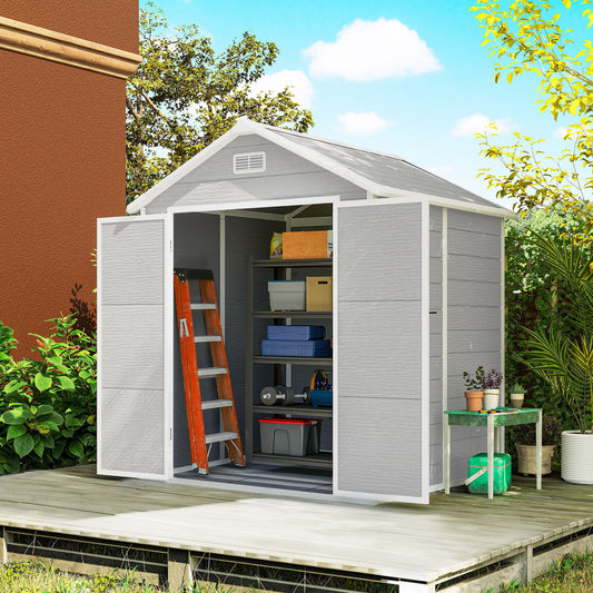 Outsunny 6 x 5ft Plastic Garden Shed With Floor Window Lockable Doors Vents Wood Effect Resin Tool Shed Light Grey