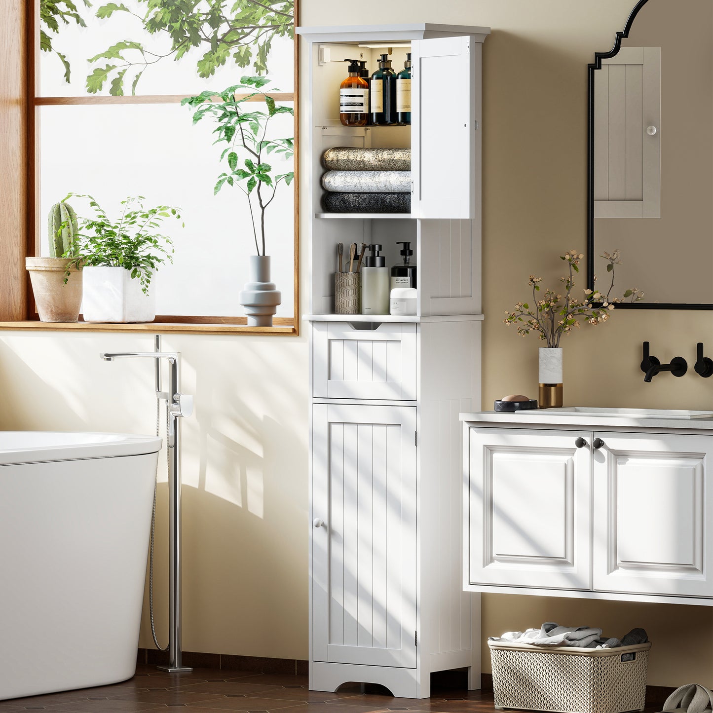 HOMCOM Slim Bathroom Storage Cabinet With Motion Sensor LED Lights White With Upper And Lower Cupboards And Drawer