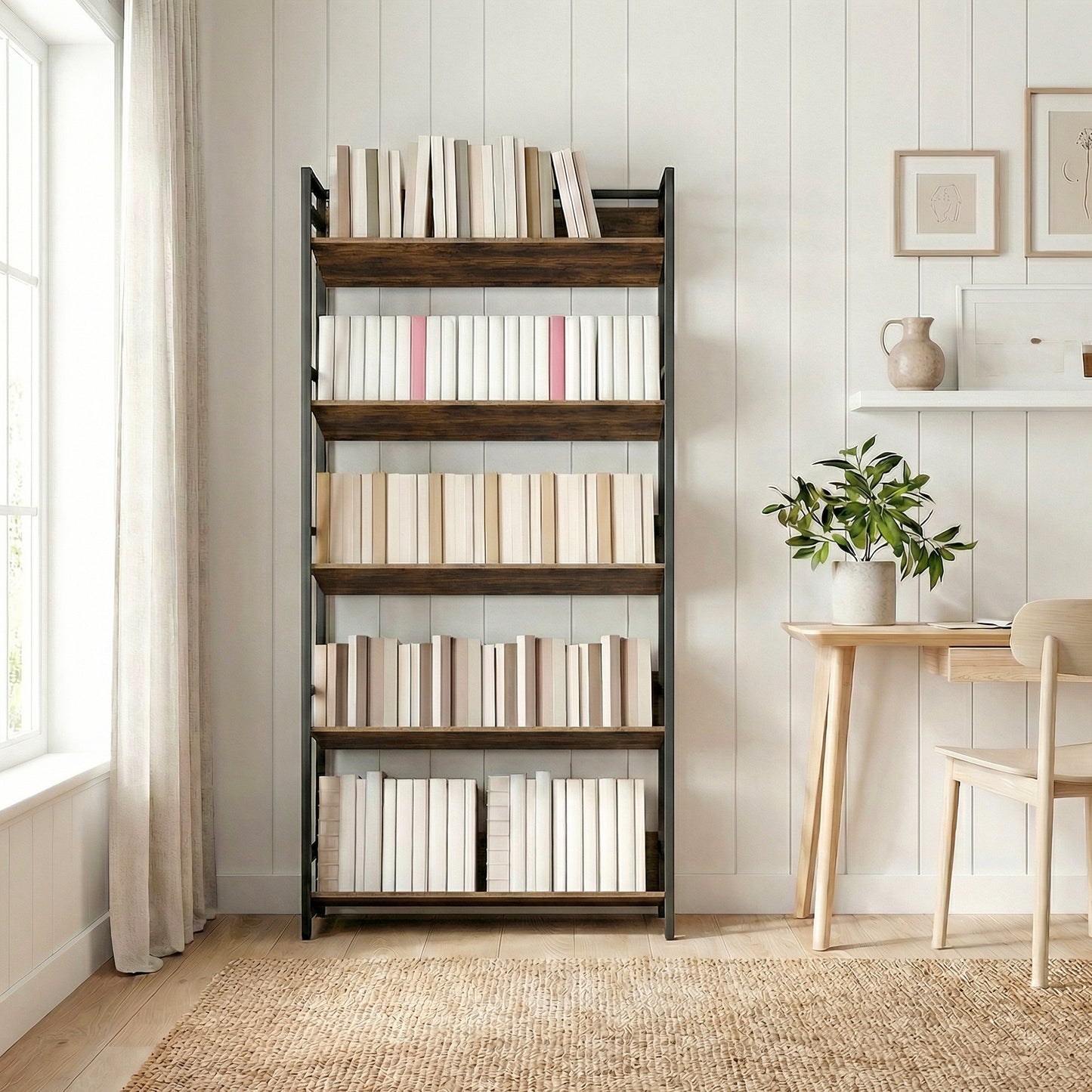 HOMCOM 5 Tier Metal Frame Bookshelf Room Divider With Storage Shelves Rustic Brown For Living Room