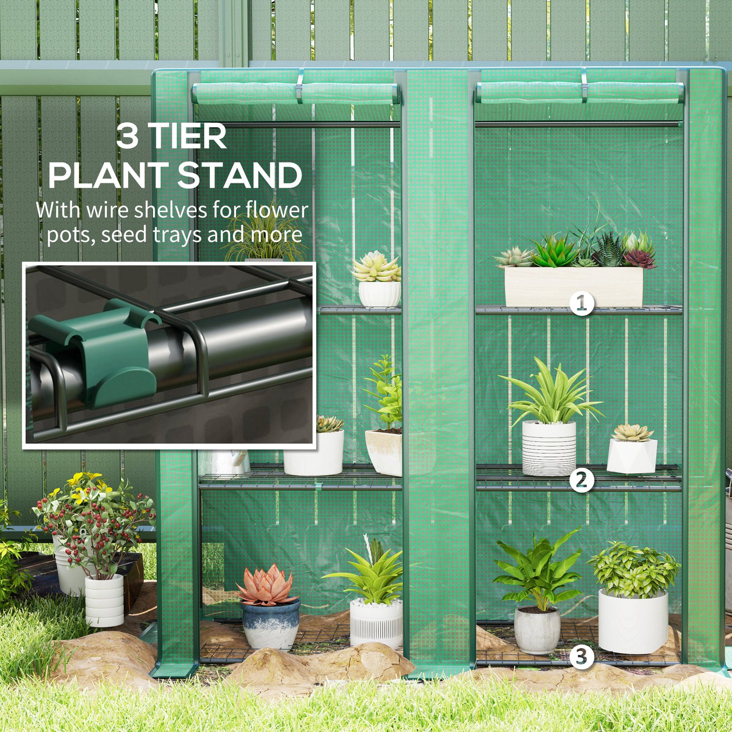Outsunny Three Tier Mini Greenhouse Green With Roll Up Zip Door And 140 Gram Per Square Meter Plastic Cover
