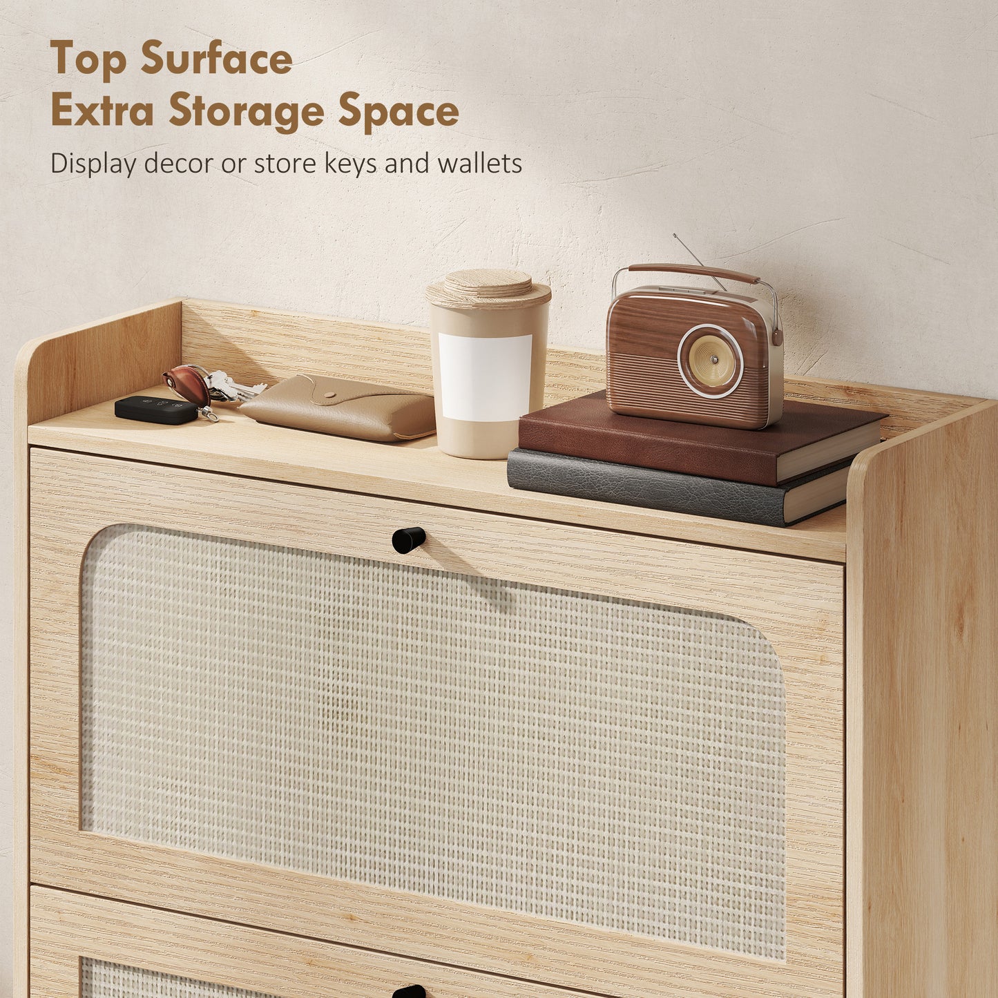 HOMCOM Shoe Cabinet With 2 Flip Drawers For Narrow Spaces Boho Oak Finish 12 To 16 Pairs Storage