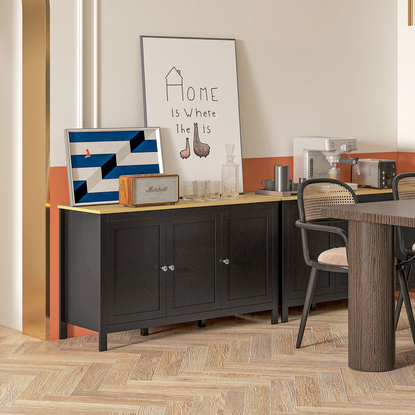 HOMCOM Sideboard Buffet Cabinet With Doors And Adjustable Shelves Black And Natural Wood Finish