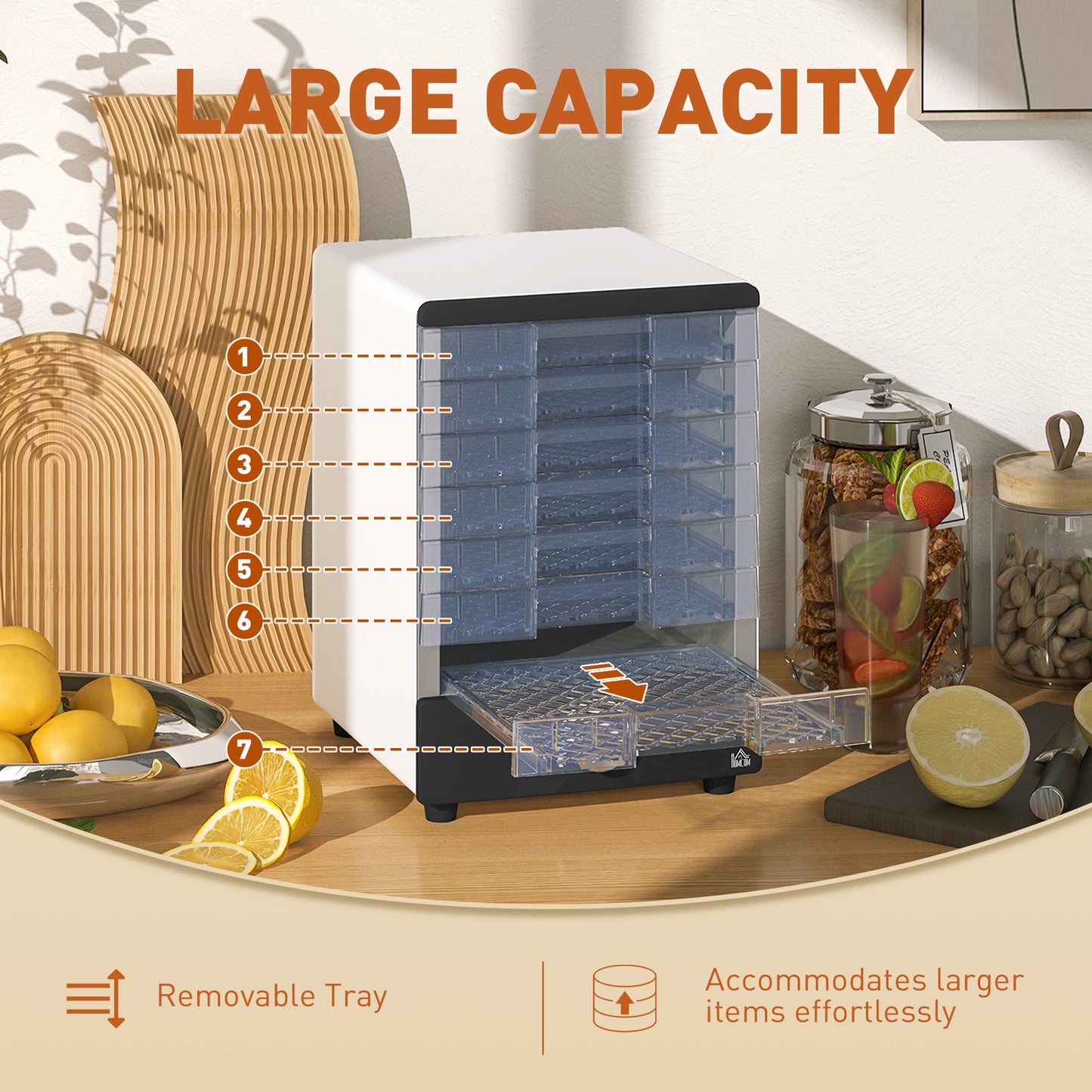 HOMCOM Seven Tray Food Dehydrator With Temperature Control 40 To 70 Celsius White Finish