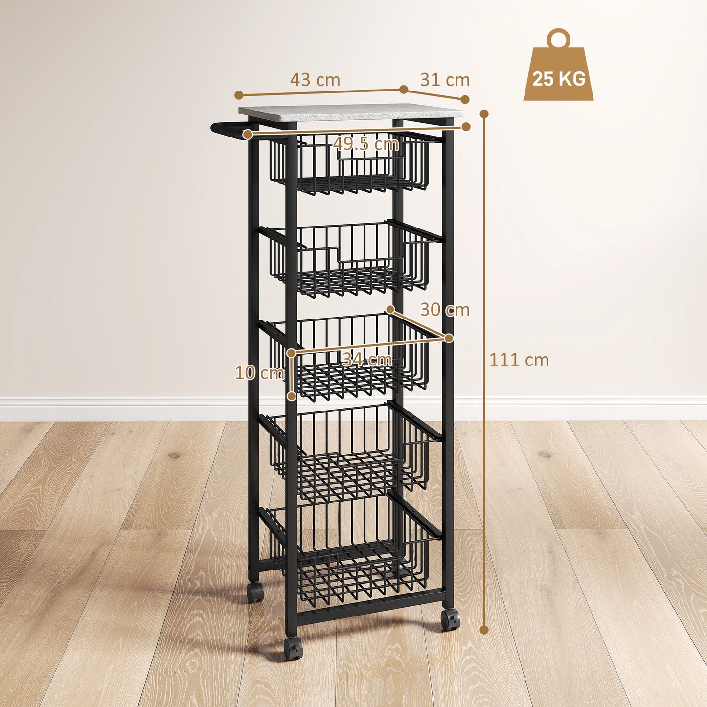 HOMCOM Five Basket Mobile Kitchen Island With Brakes Grey Black Marble Countertop