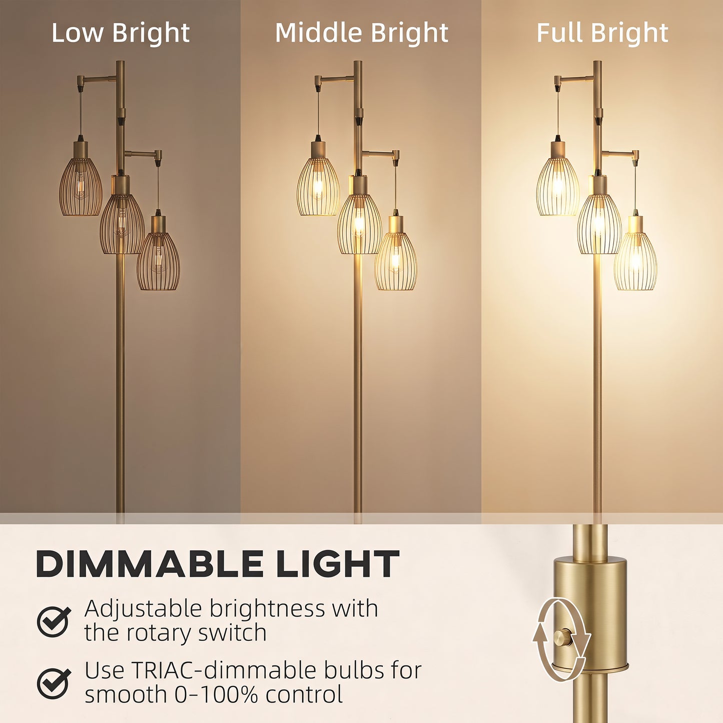 HOMCOM Industrial Dimmable 3 Light Floor Lamp With Steel Wire Cage Lampshades In Gold Tone 170cm Tall