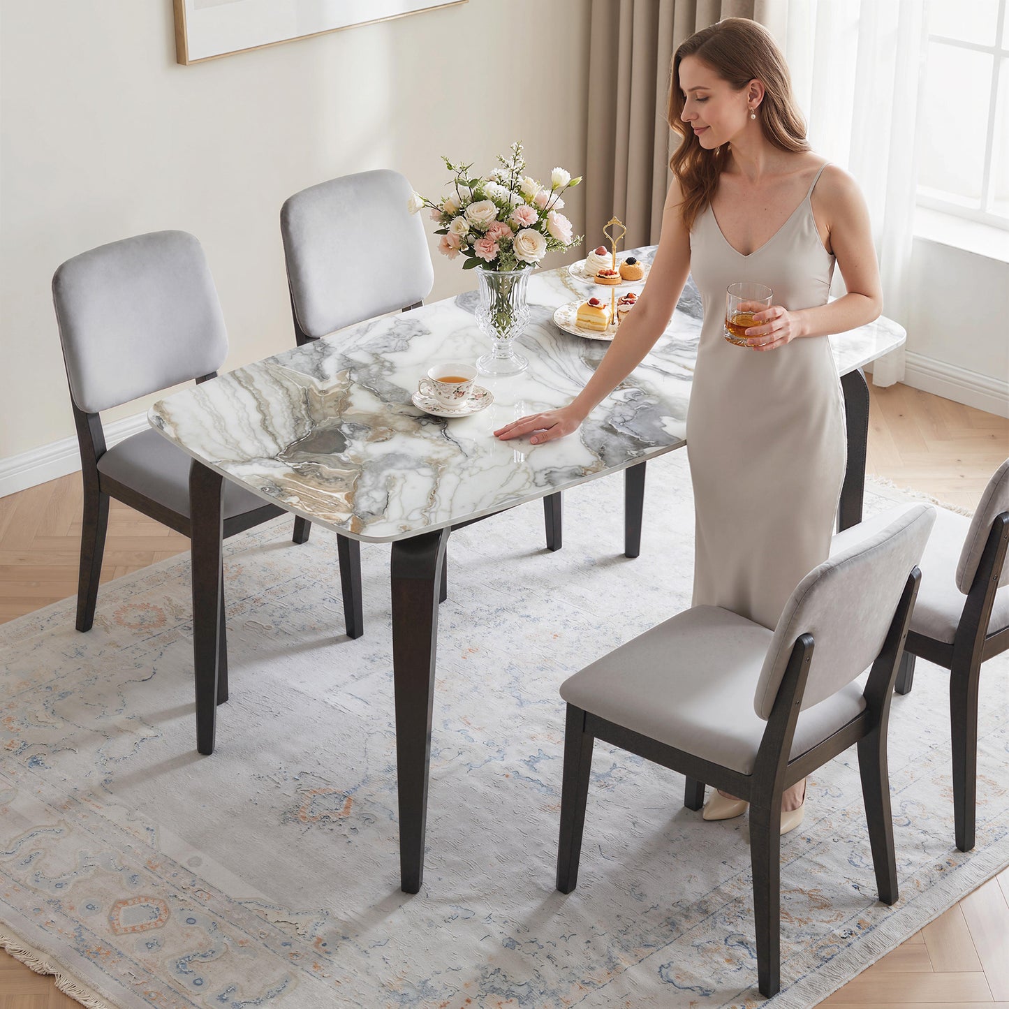 HOMCOM 4 Seat Dining Table With Sintered Stone Top And Heat Resistant Metal Legs White Modern Kitchen Table