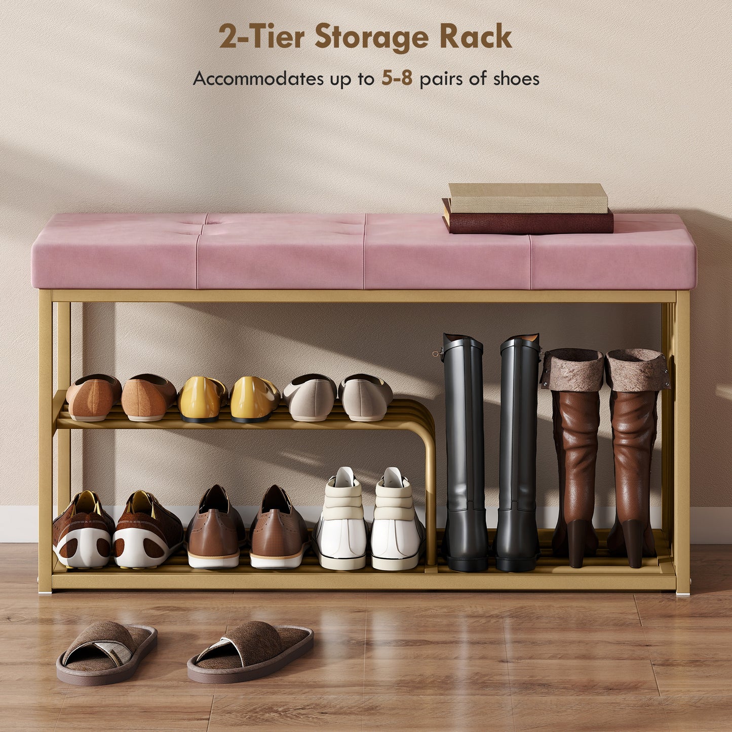 HOMCOM Tufted Shoe Storage Bench With Velvet Seat Pink And Gold Steel Frame For Entryway Holds Eight Pairs