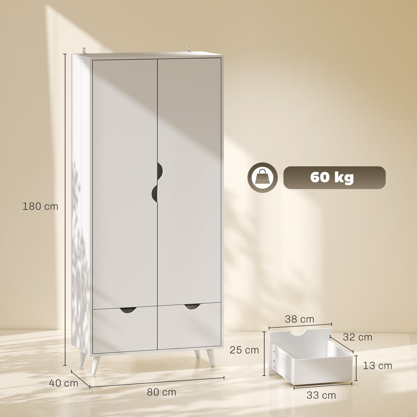 HOMCOM White 2 Door Wardrobe With 2 Drawers Hanging Rail And Shelves Wooden Feet