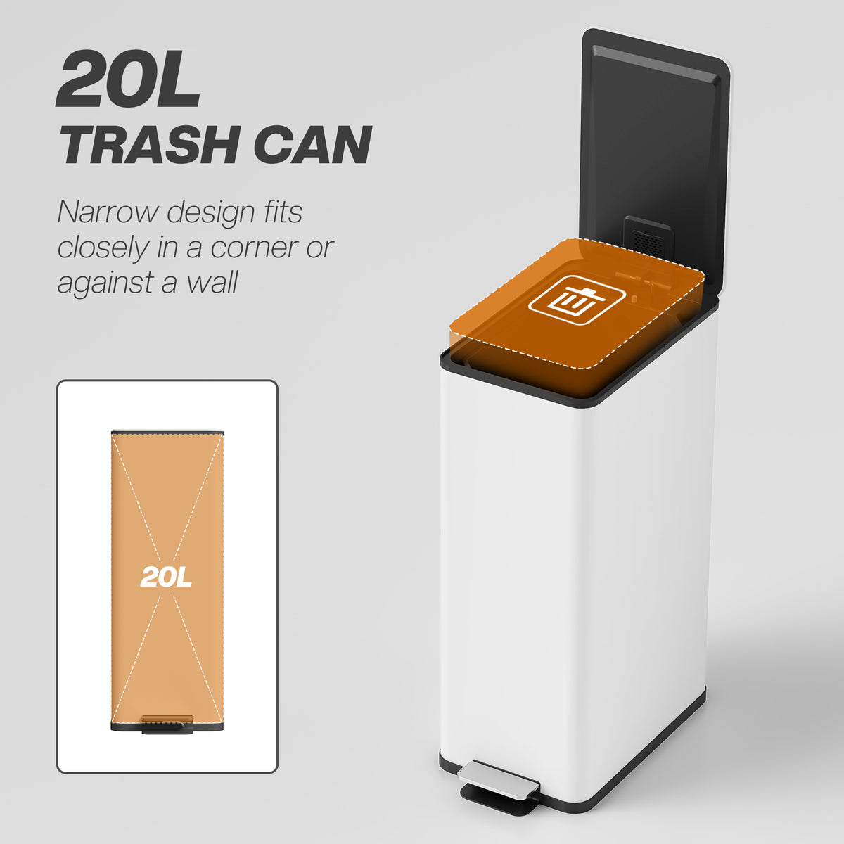 Slim 20L white pedal trash bin with black lid open, designed to fit near wall