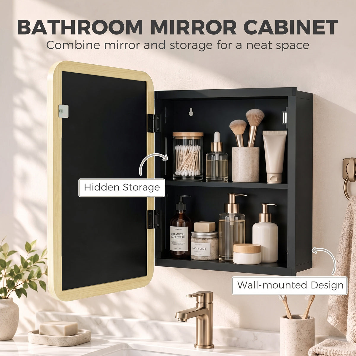 Bathroom medicine cabinet with mirrored door and hidden storage shelves, natural wood frame