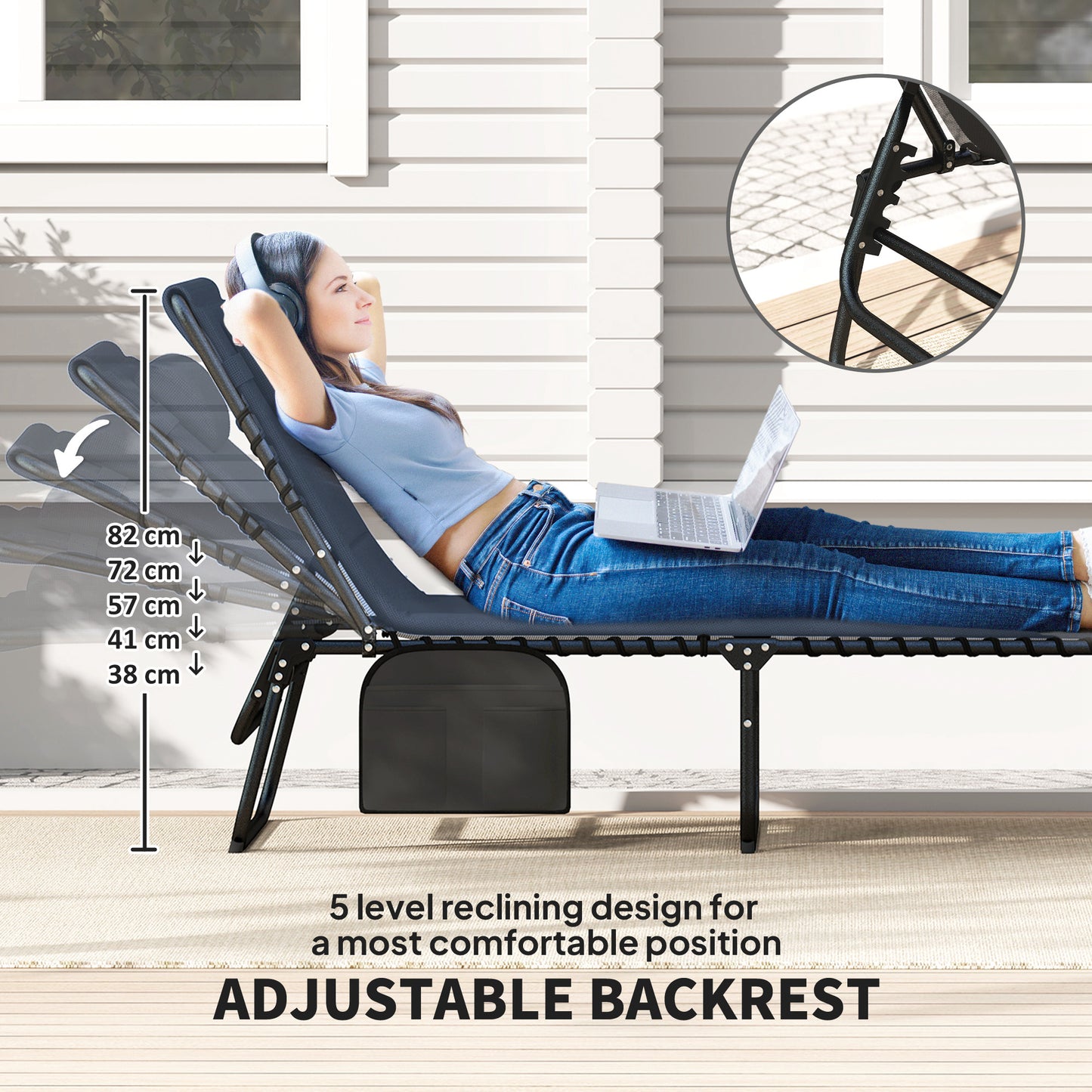 Outsunny Set Of Two Reclining Sun Loungers Dark Blue With Five Level Adjustable Backs And Side Pockets